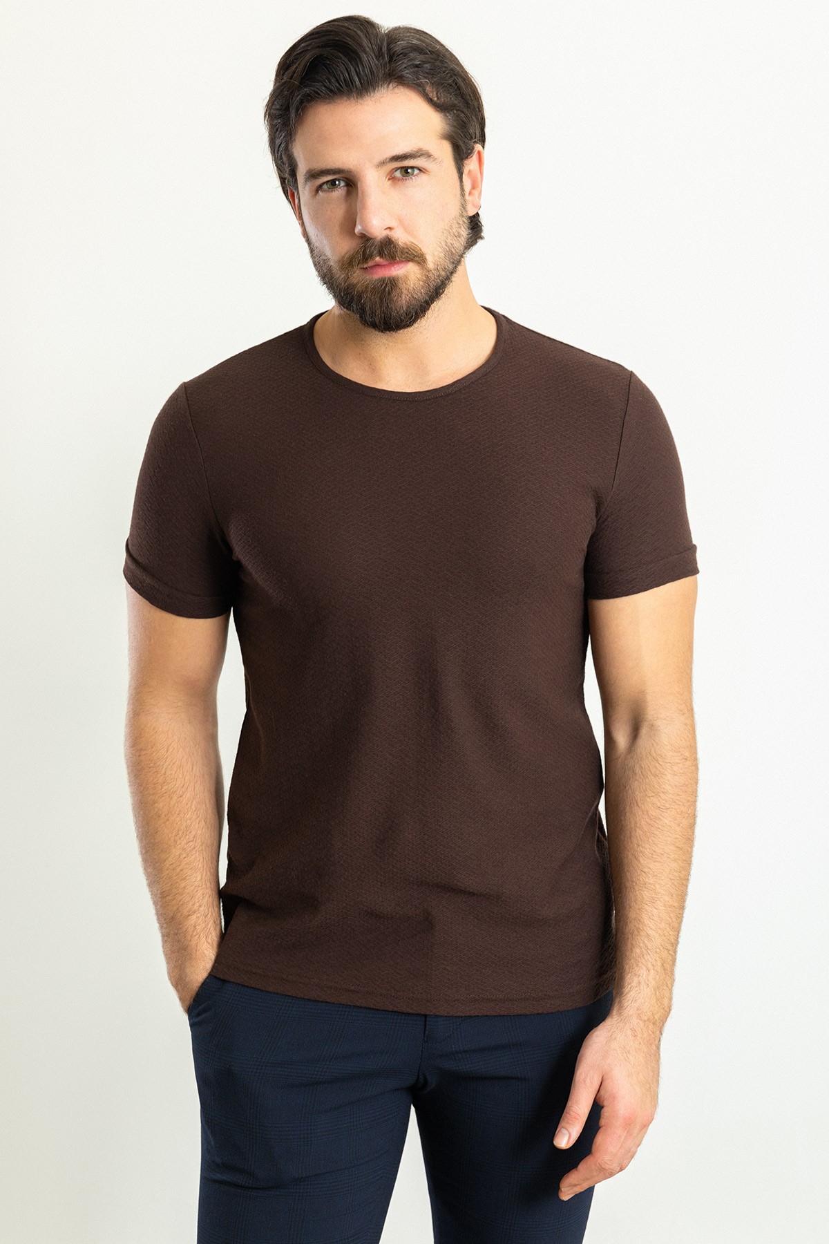 Desenli Slim Fit Bisiklet Yaka Erkek T-Shirt