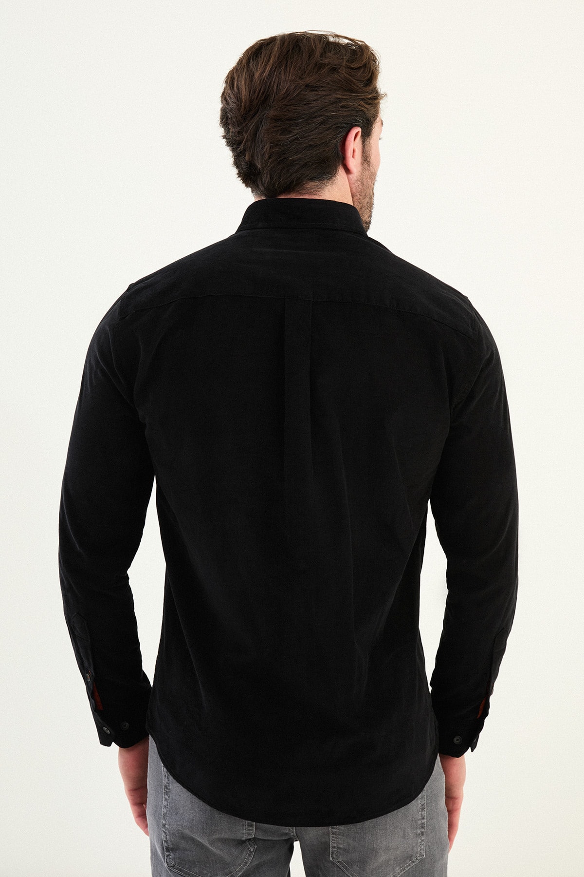 Düz Slim Fit Nakış Detaylı Kadife Erkek Gömlek