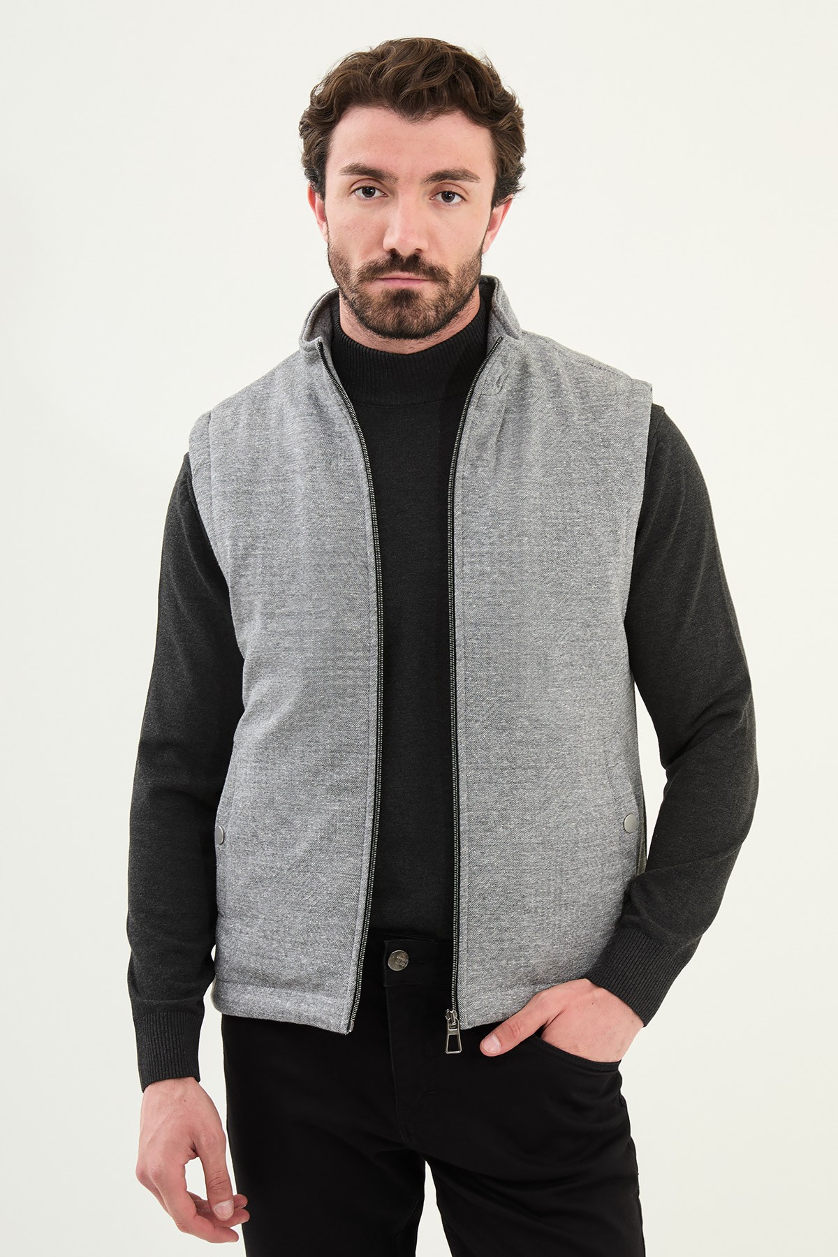 Kırçıllı Slim Fit Dik Yaka Erkek Yelek - Siyah