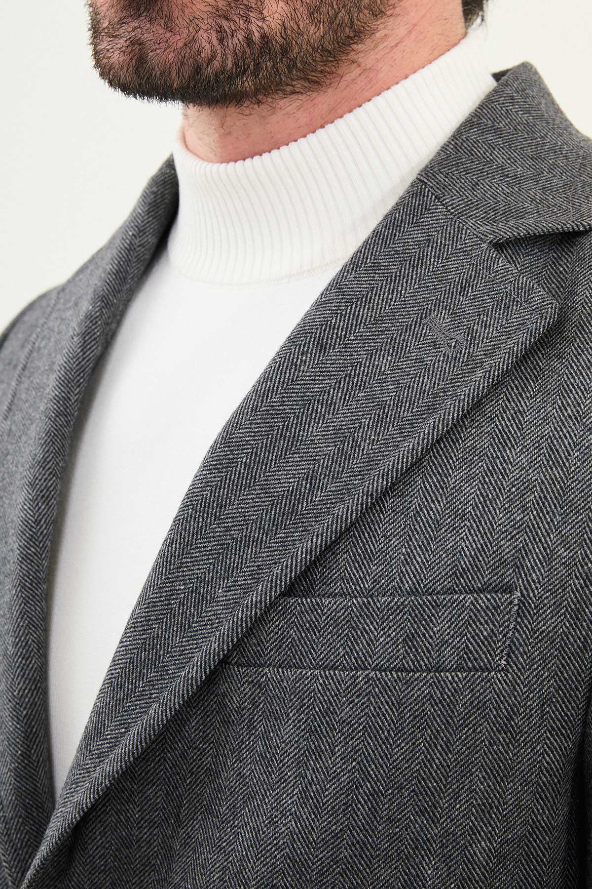 Desenli Slim Fit Mono Yaka Kaşe Erkek Kaban