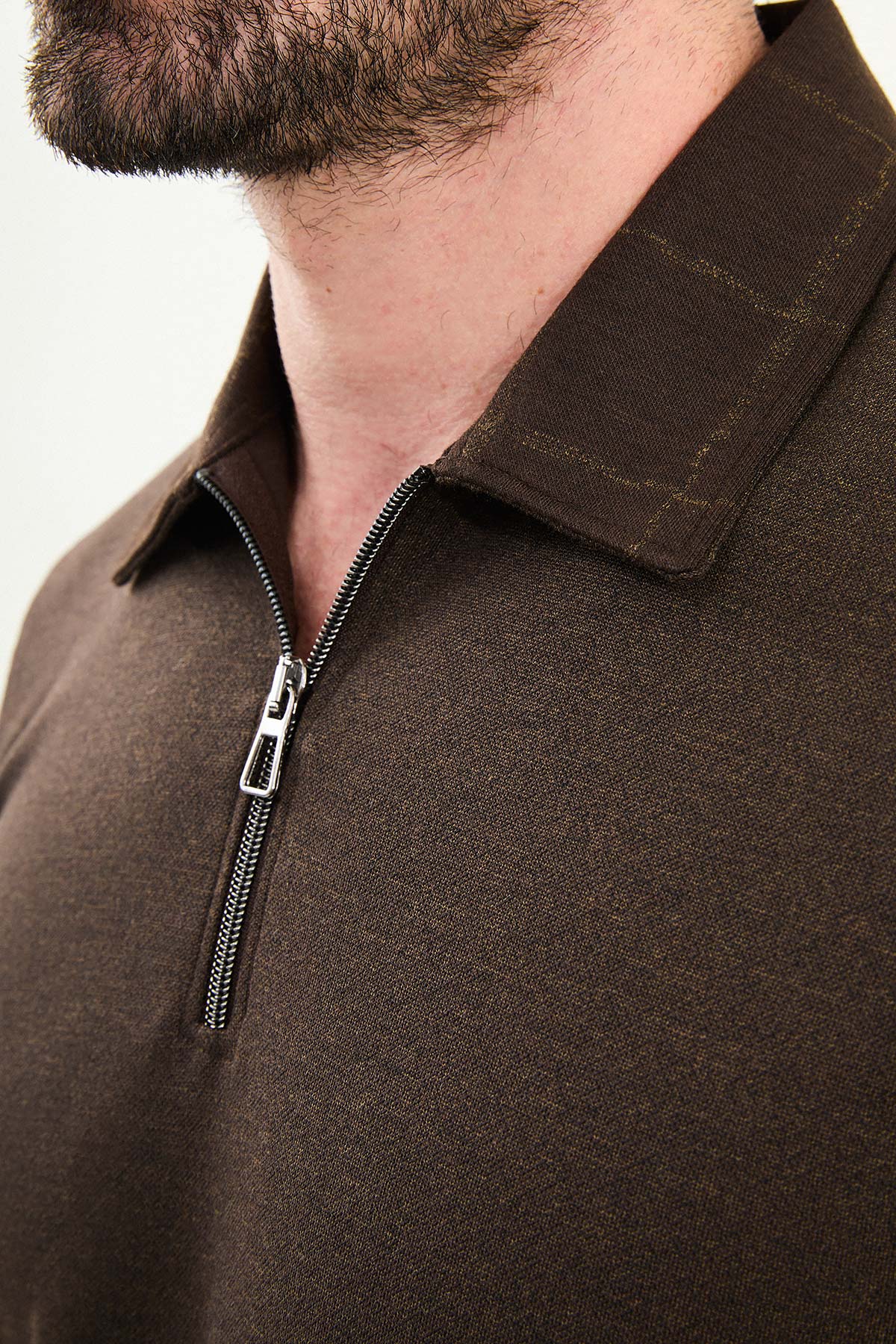 Kareli Kol Desenli Slim Fit Polo Yaka Fermuarlı Uzun Kollu Erkek T-Shirt
