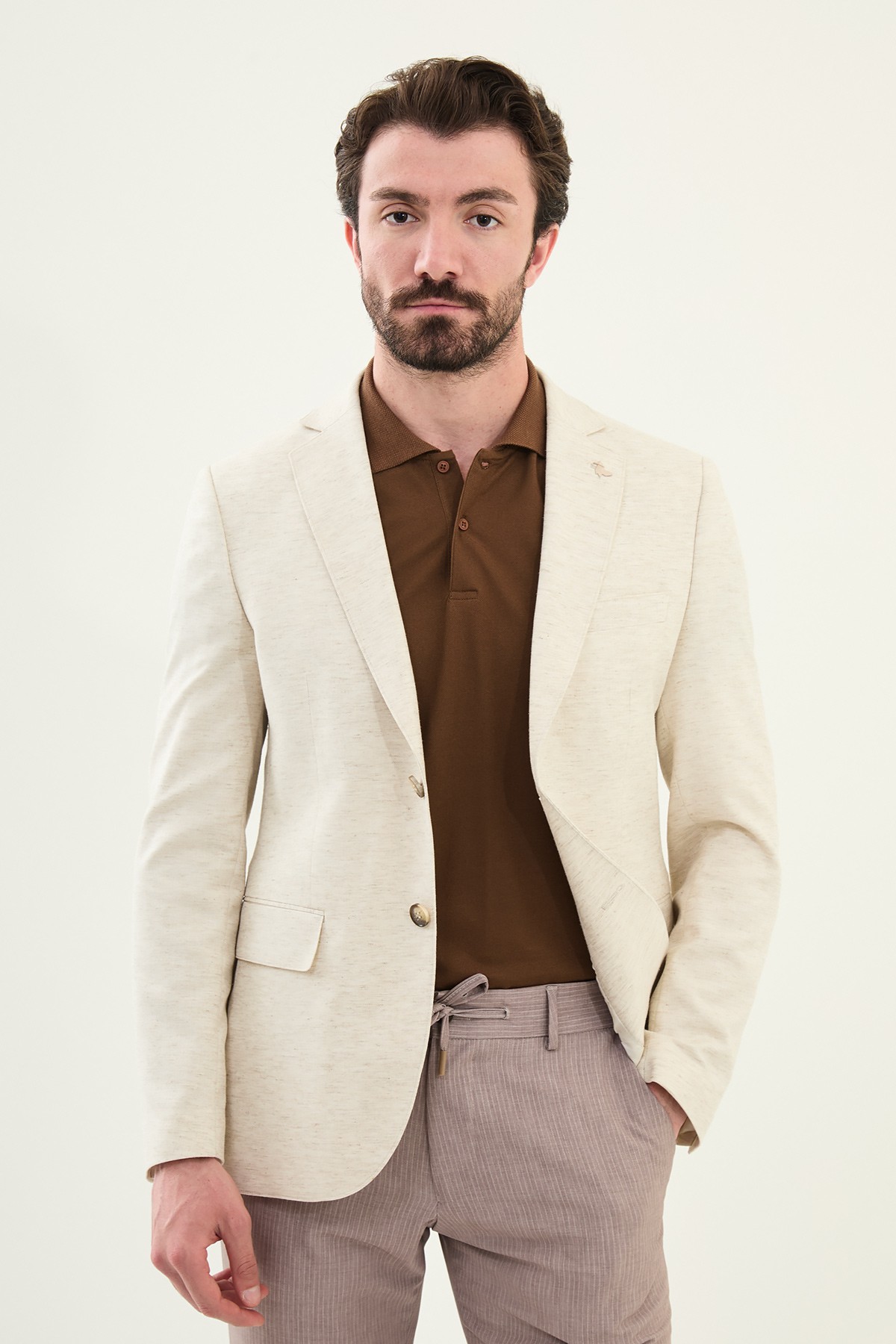 Kırçıllı Slim Fit Mono Yaka Keten Erkek Ceket - Ekru