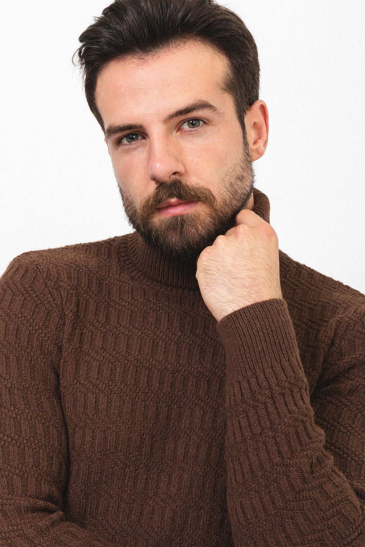 Örgü Desenli Slim Fit Tam Balıkçı Yaka Yün Erkek Kazak