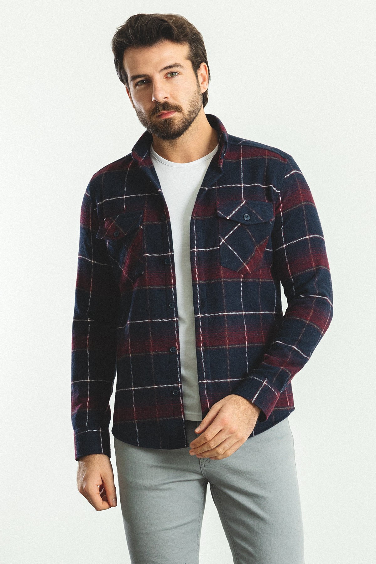 Ekoseli Slim Fit Oduncu Erkek Gömlek - Lacivert-Bordo