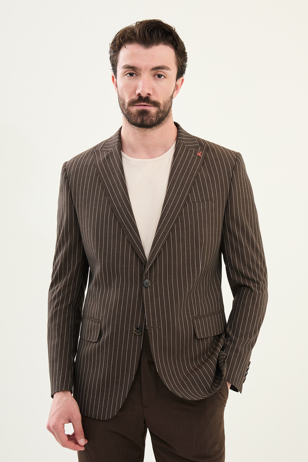 Çizgili Slim Fit Geniş Yaka Erkek Ceket - Kahverengi