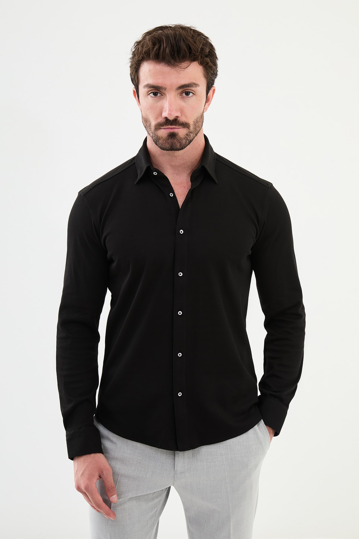 Düz Slim Fit Erkek Gömlek - Siyah