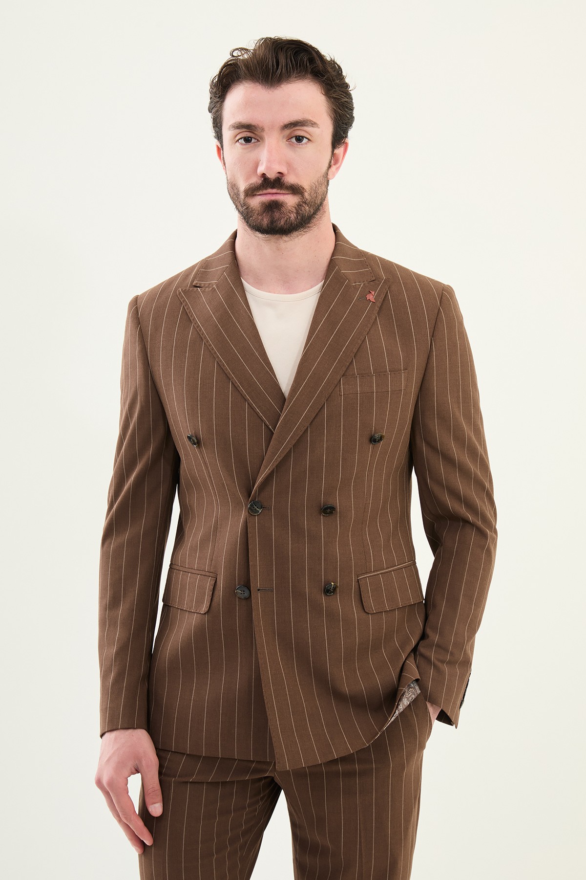 Çizgili Slim Fit Geniş Yaka Kruvaze Erkek Takım Elbise - Kahverengi