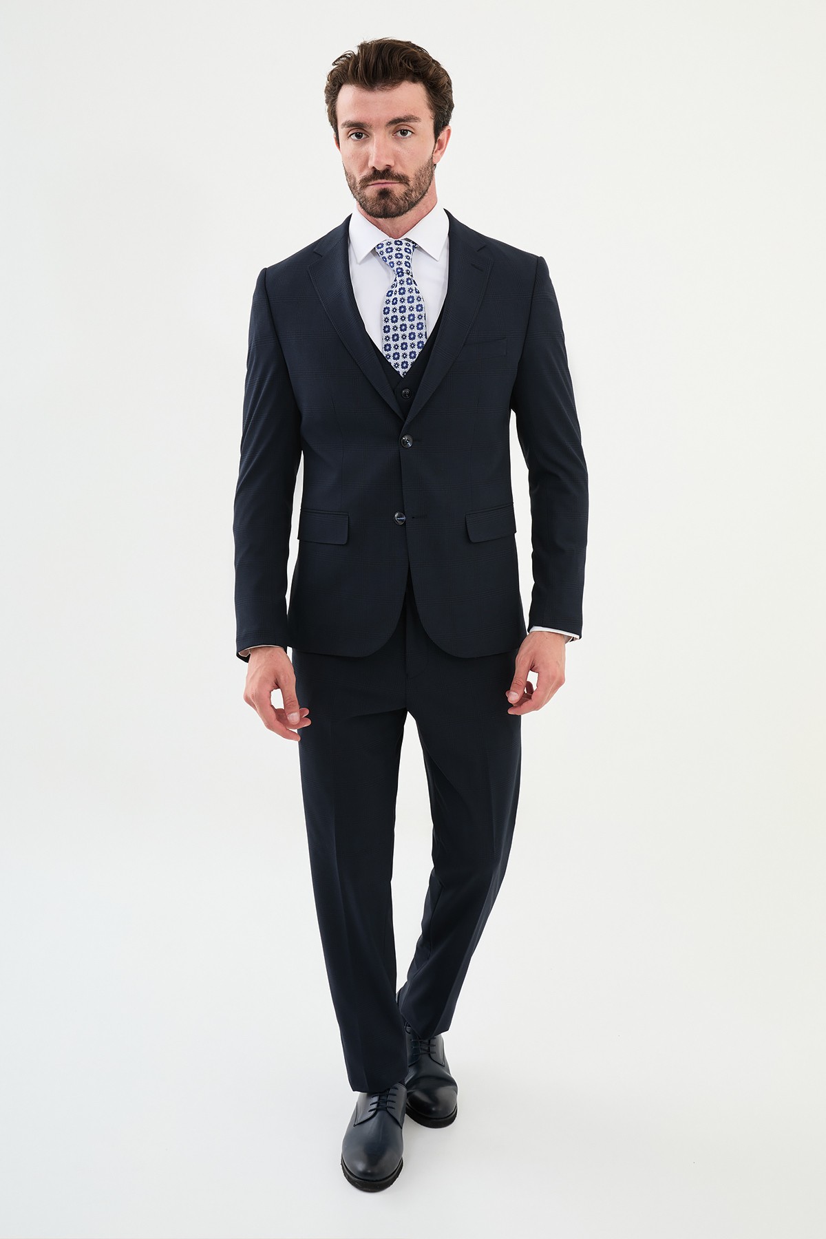 Ekoseli Slim Fit Mono Yaka Klasik Yün Erkek Takım Elbise