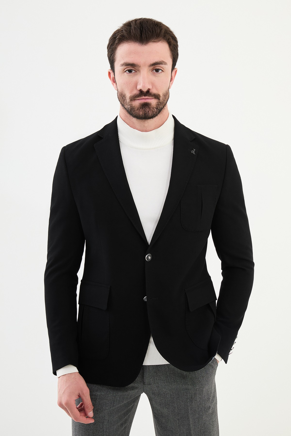 Çizgili Slim Fit Torba Cep Mono Yaka Erkek Ceket - Siyah