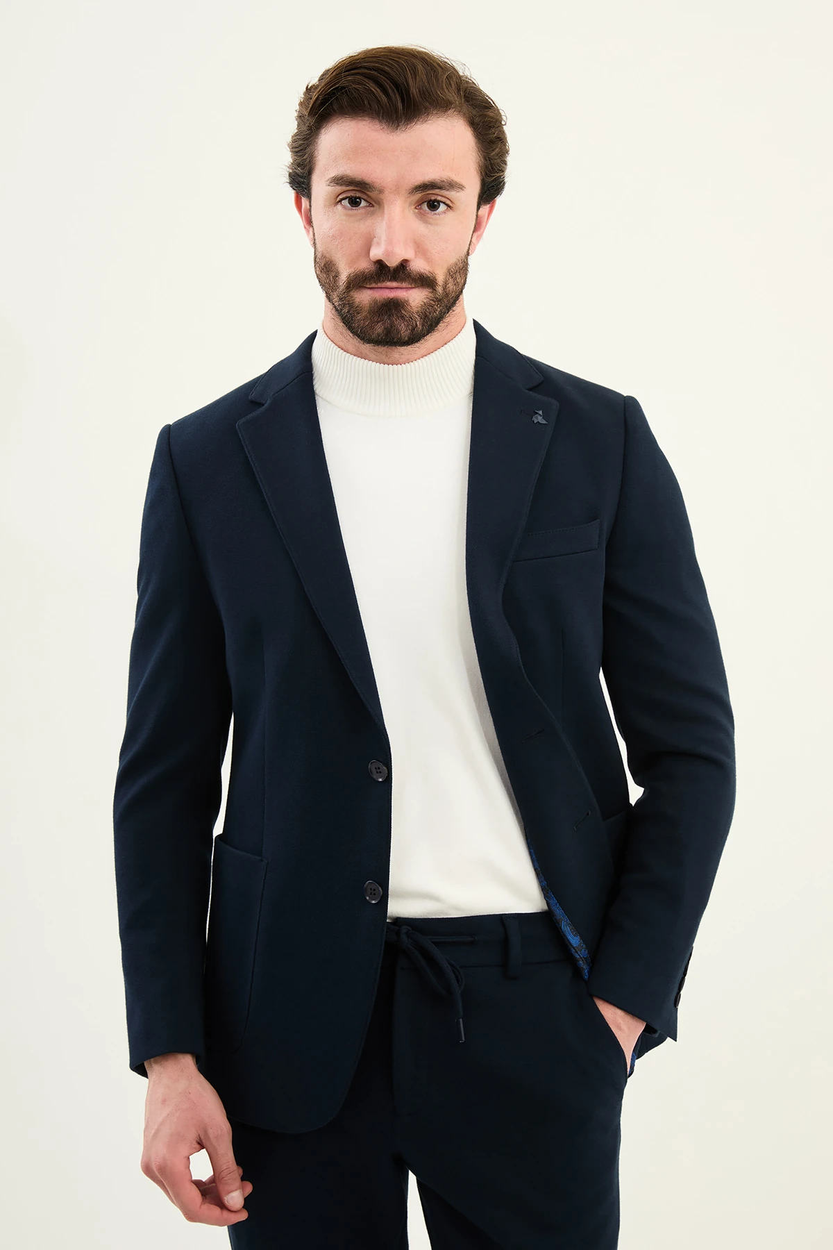 Dokulu Slim Fit Mono Yaka Torca Cep Beli Lastikli İpli Erkek Takım Elbise - Lacivert