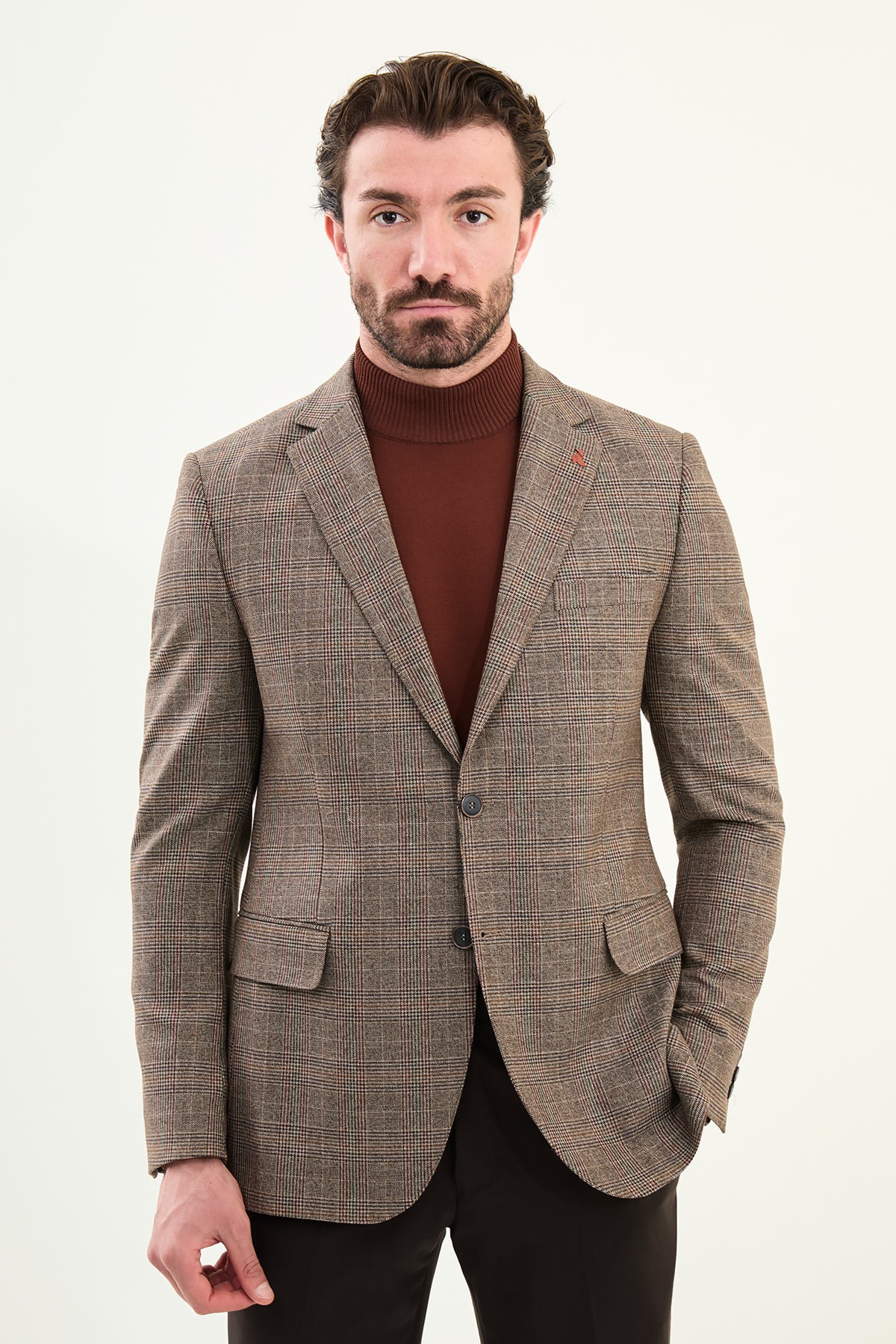 Ekoseli Slim Fit Mono Yaka Erkek Ceket