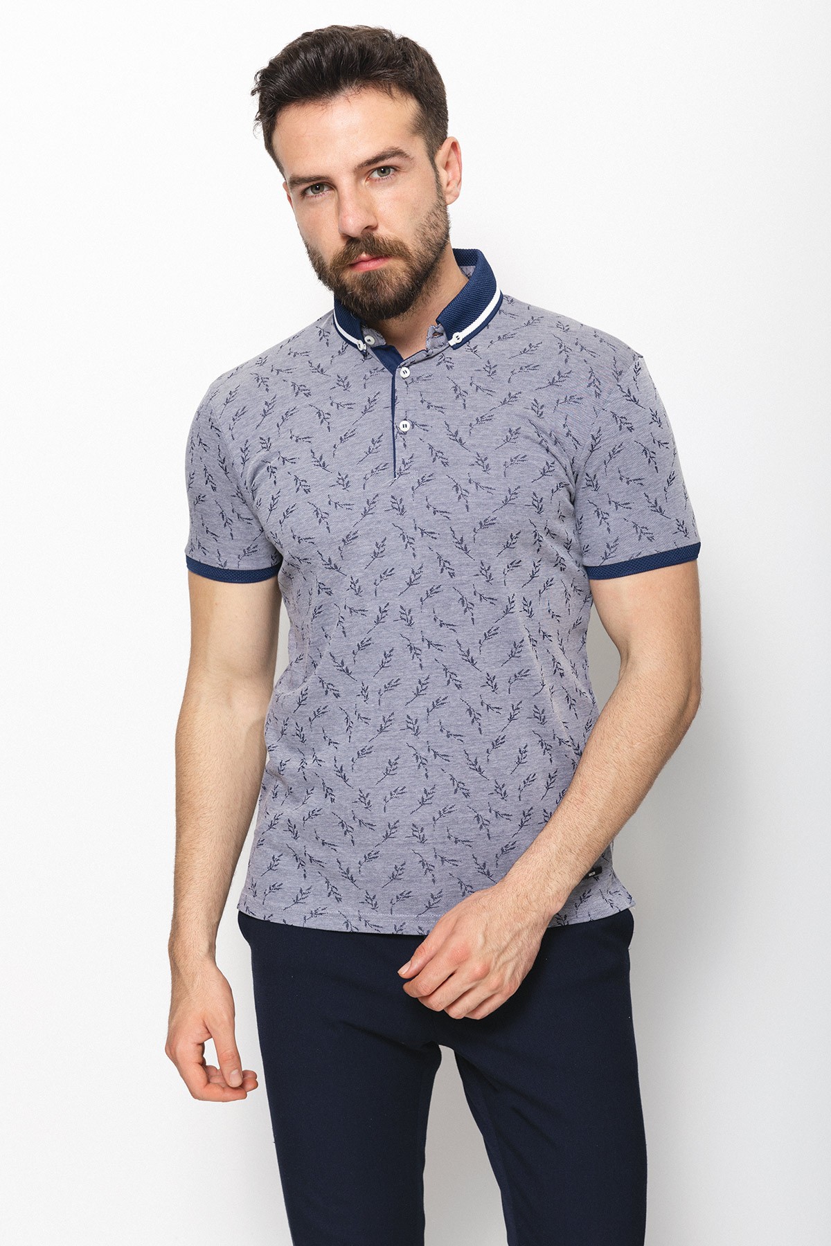 Çiçek Desenli Slim Fit Polo Yaka Erkek T-Shirt
