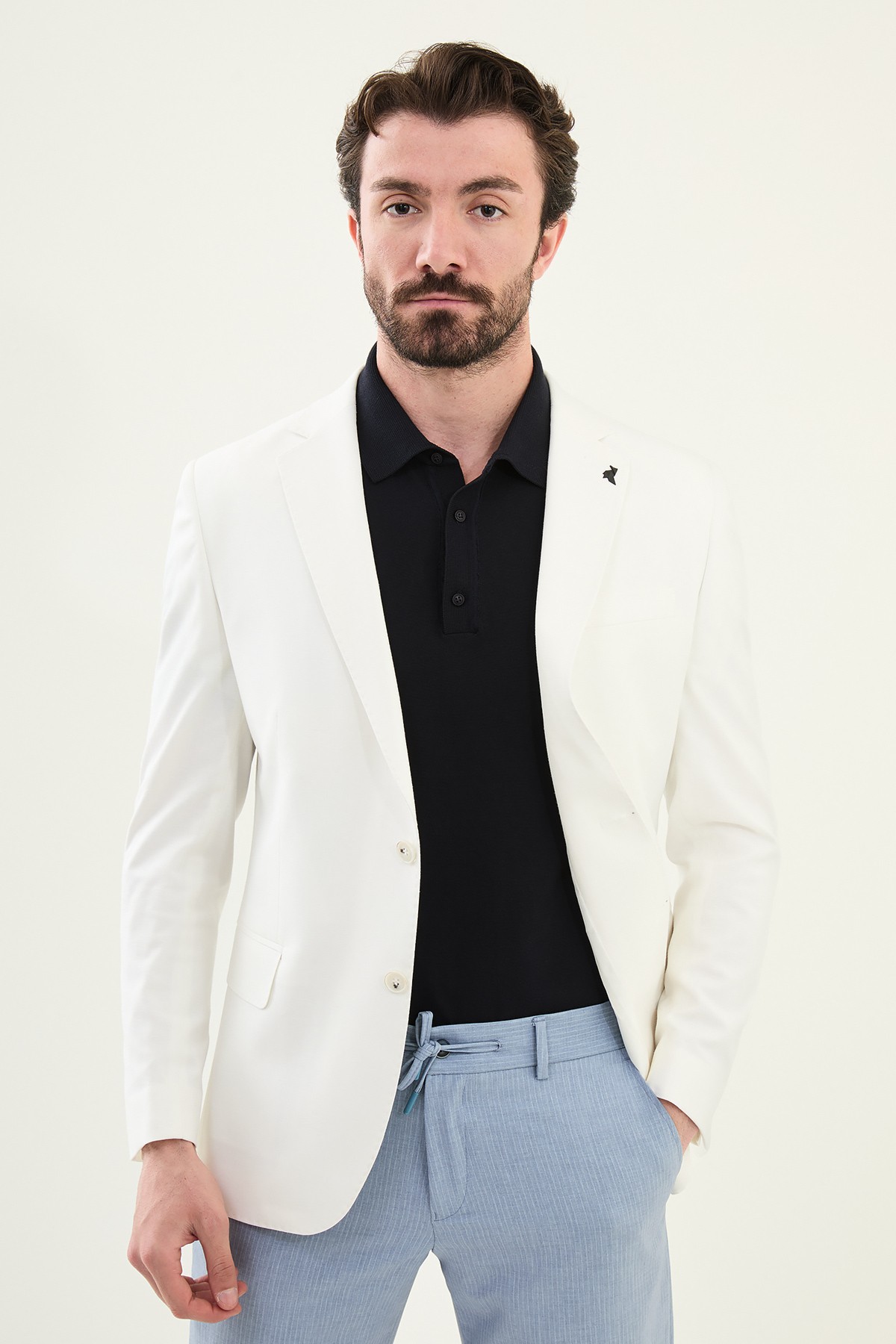Düz Slim Fit Mono Yaka Keten Erkek Ceket - Ekru