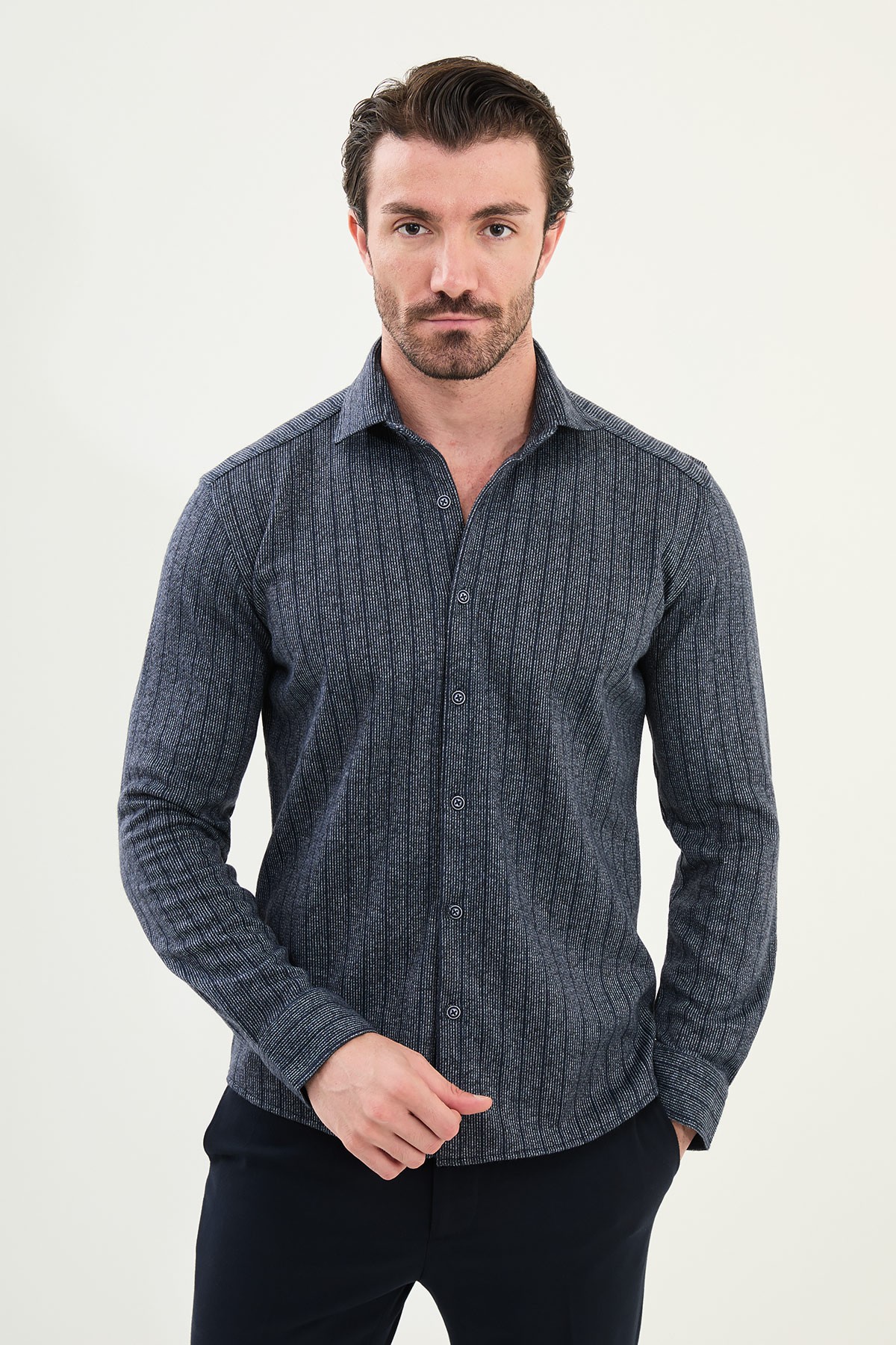 Çizgili Slim Fit Uzun Kollu Oduncu Yün Erkek Gömlek - Lacivert