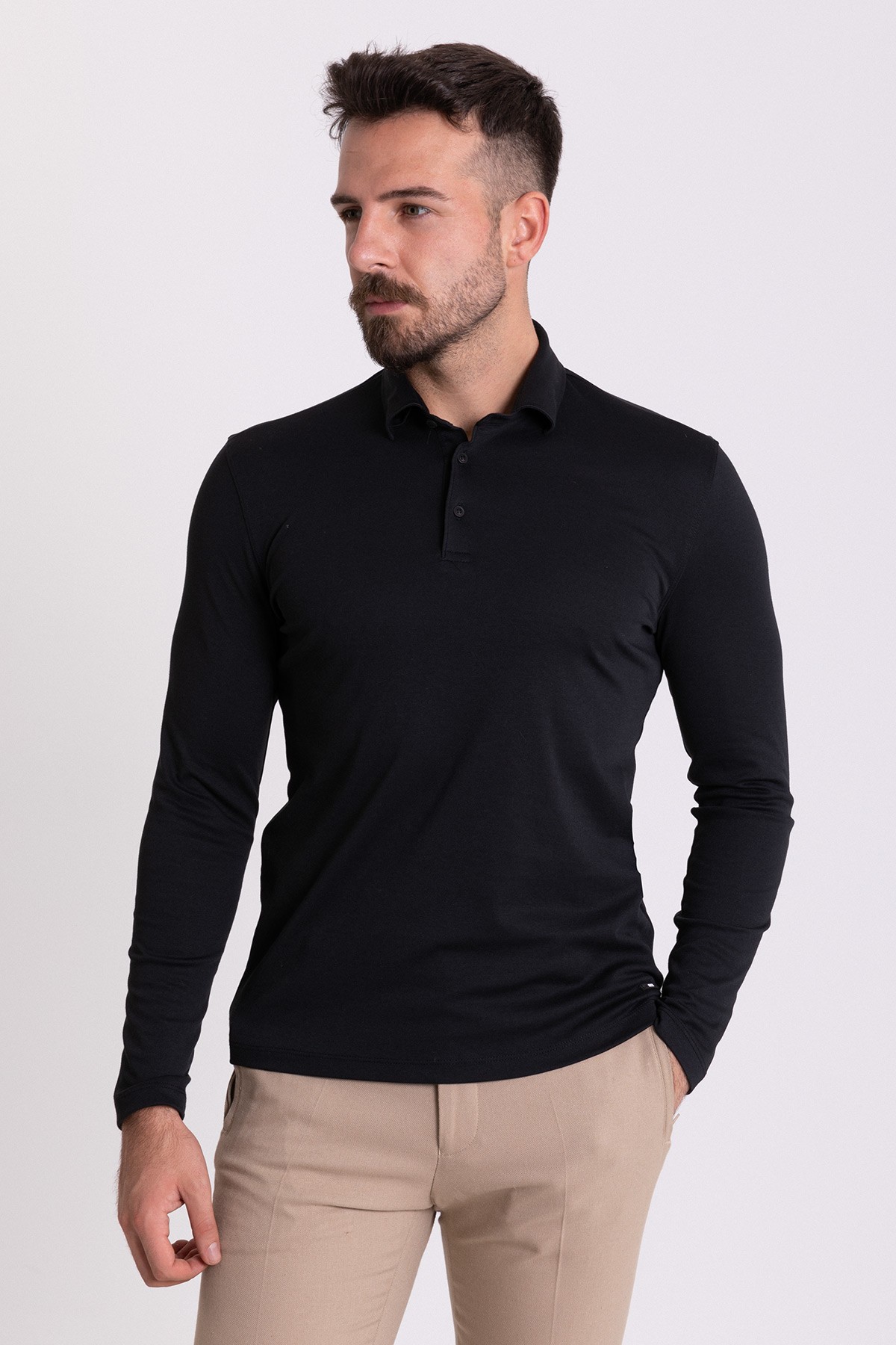Düz Slim Fit Uzun Kollu Polo Yaka Erkek T-Shirt