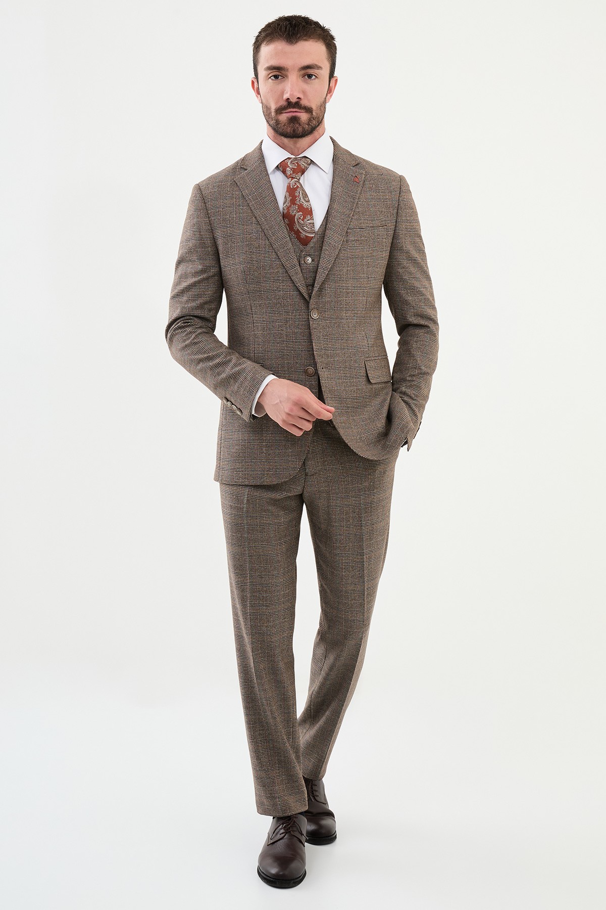 Ekoseli Slim Fit Mono Yaka Yün Erkek Takım Elbise