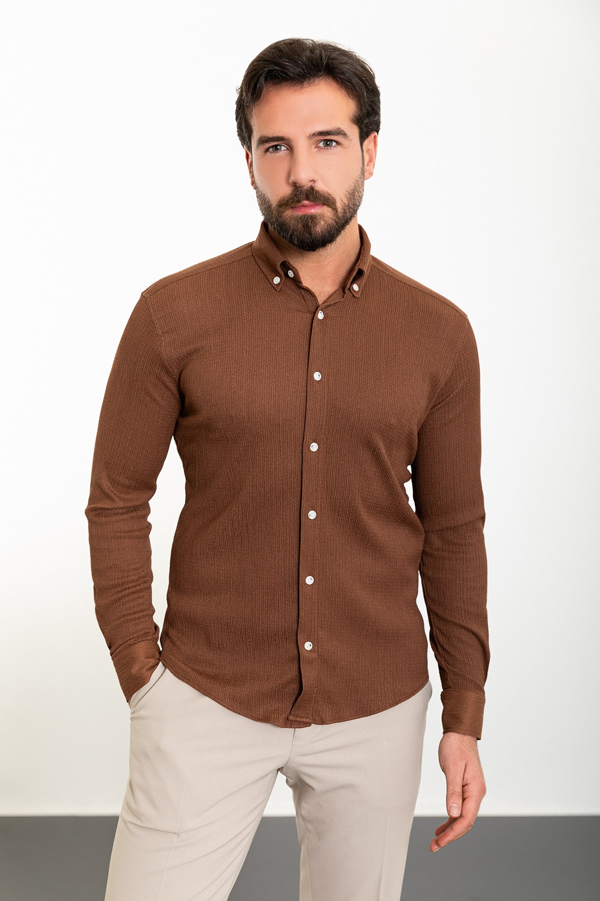 Çizgili Slim Fit Uzun Kollu Gofre Erkek Gömlek - Kahverengi