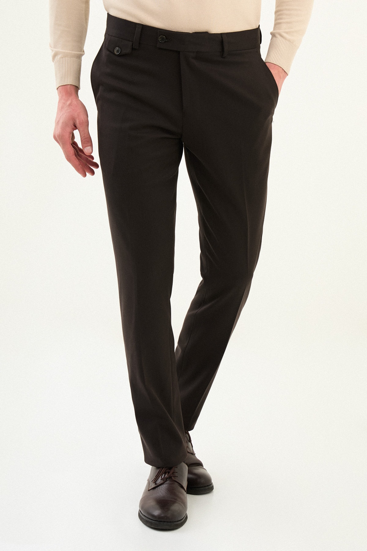 Düz Super Slim Fit Cep Detaylı Erkek Pantolon - Kahverengi