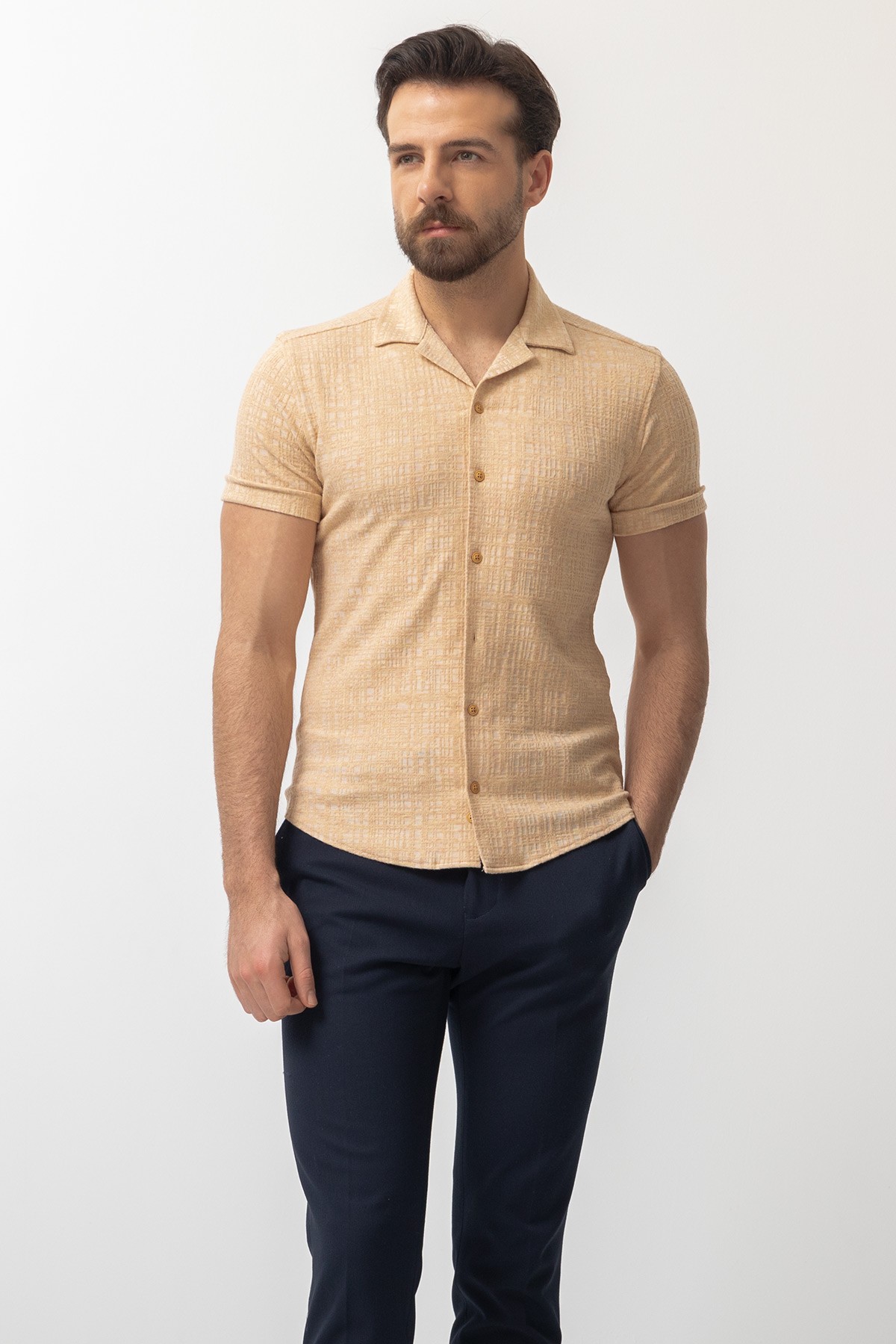 Desenli Slim Fit Kısa Kollu Apaç Yaka Erkek Gömlek