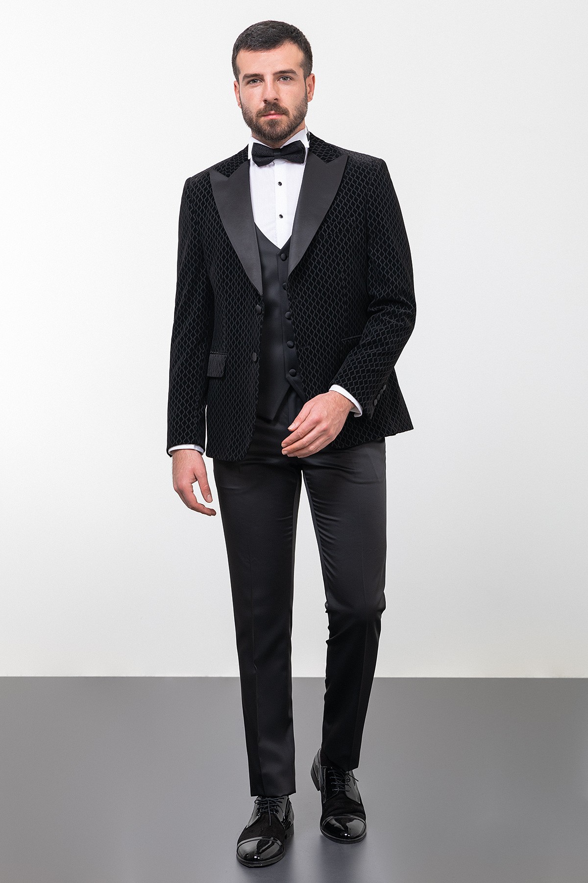 Desenli Slim Fit Geniş Yaka Kadife Erkek Damatlık