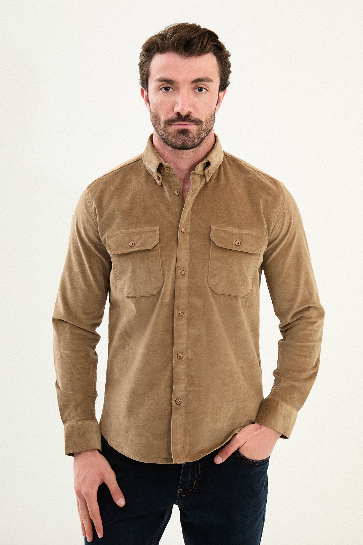 Düz Slim Fit Uzun Kollu Kadife Erkek Gömlek - Vizon