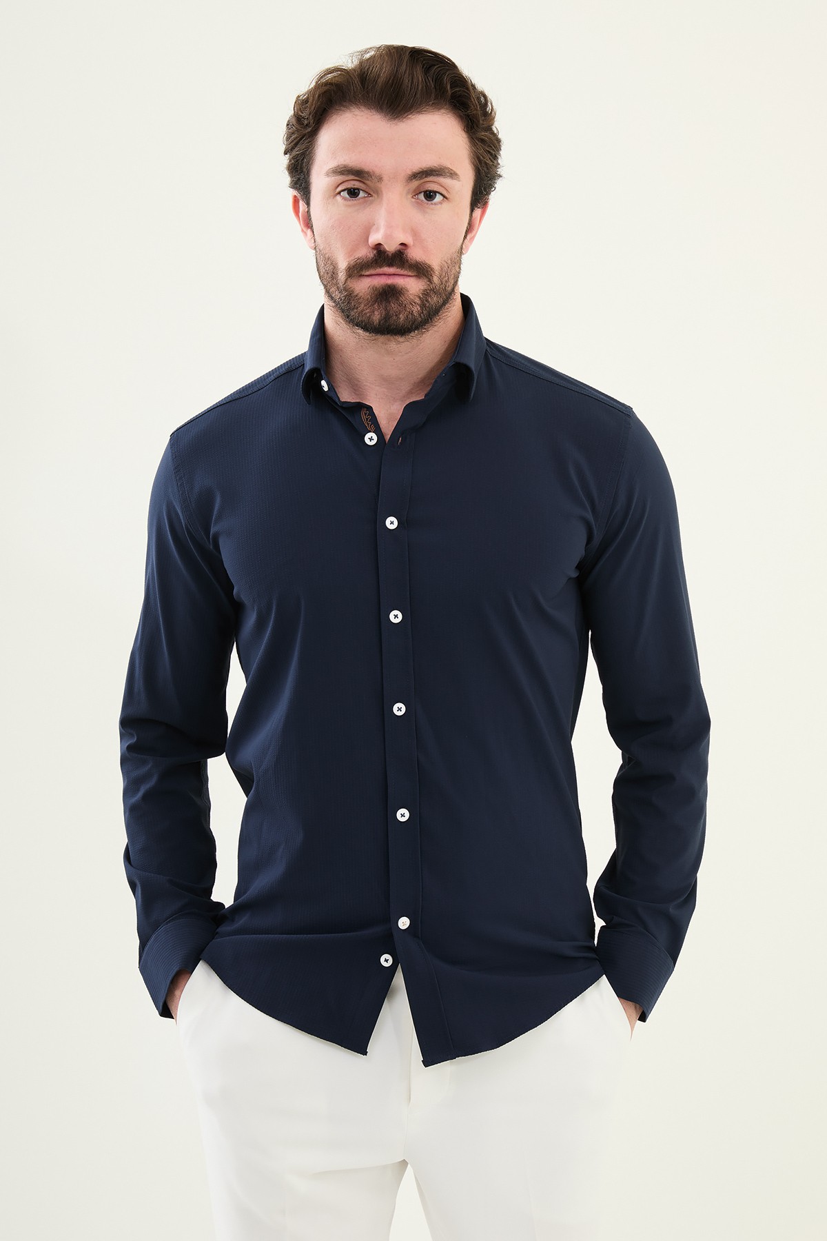 Gofreli Slim Fit Pamuk Erkek Gömlek - Lacivert