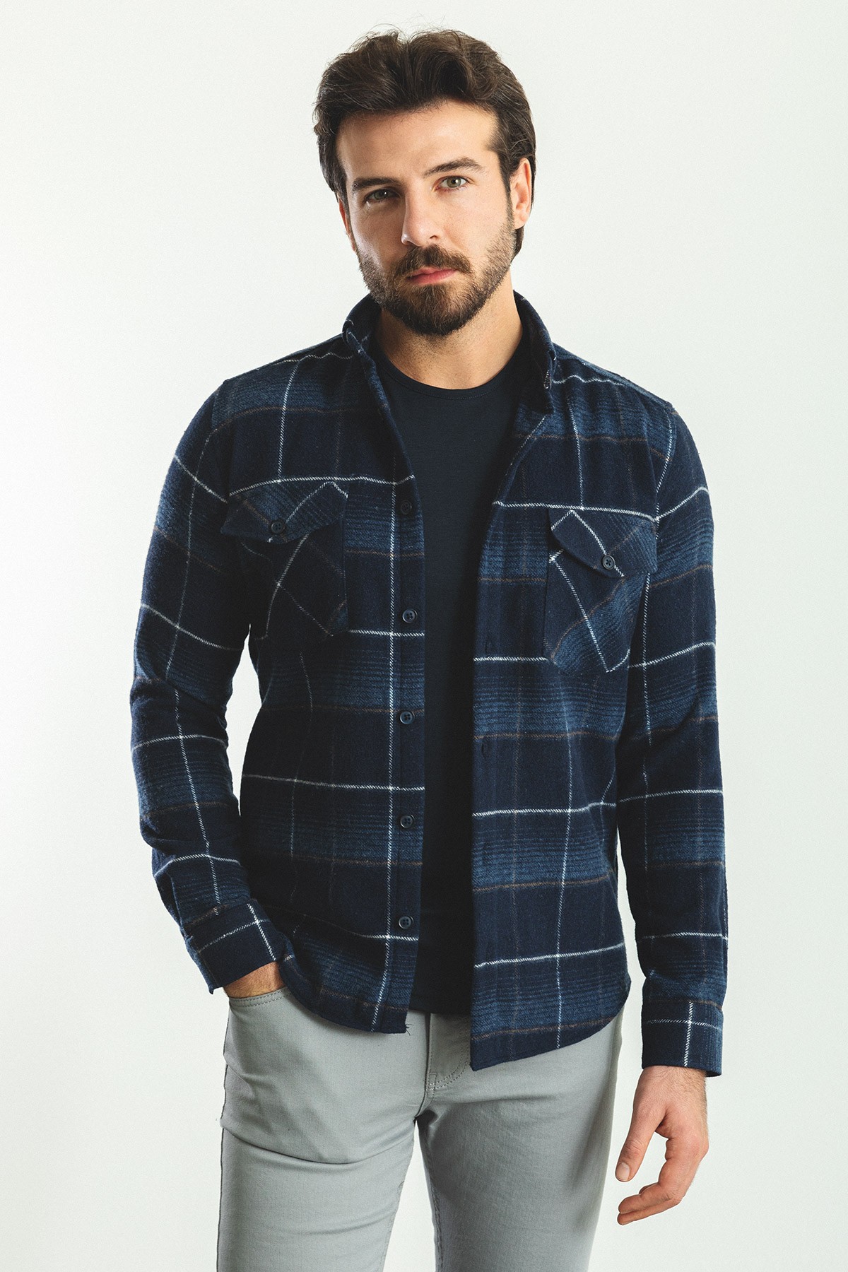 Ekoseli Slim Fit Oduncu Erkek Gömlek - Lacivert-İndigo