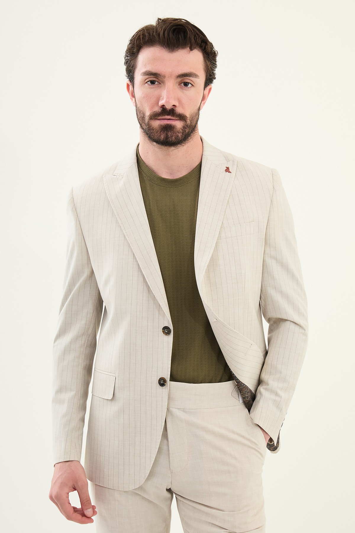 Çizgili Slim Fit Geniş Yaka Erkek Ceket - Taş