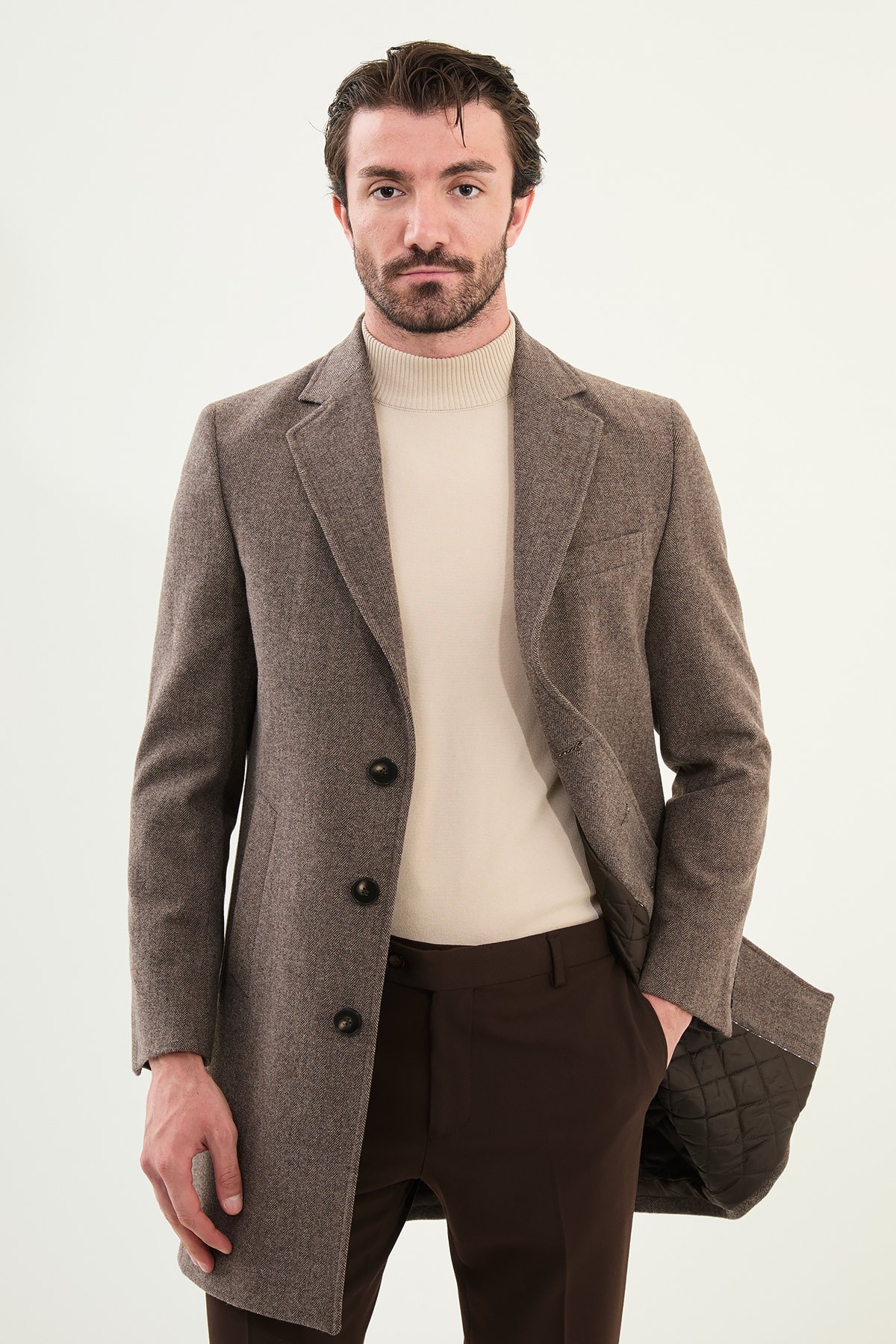Desenli Slim Fit Mono Yaka Kaşe Erkek Kaban - Kahverengi