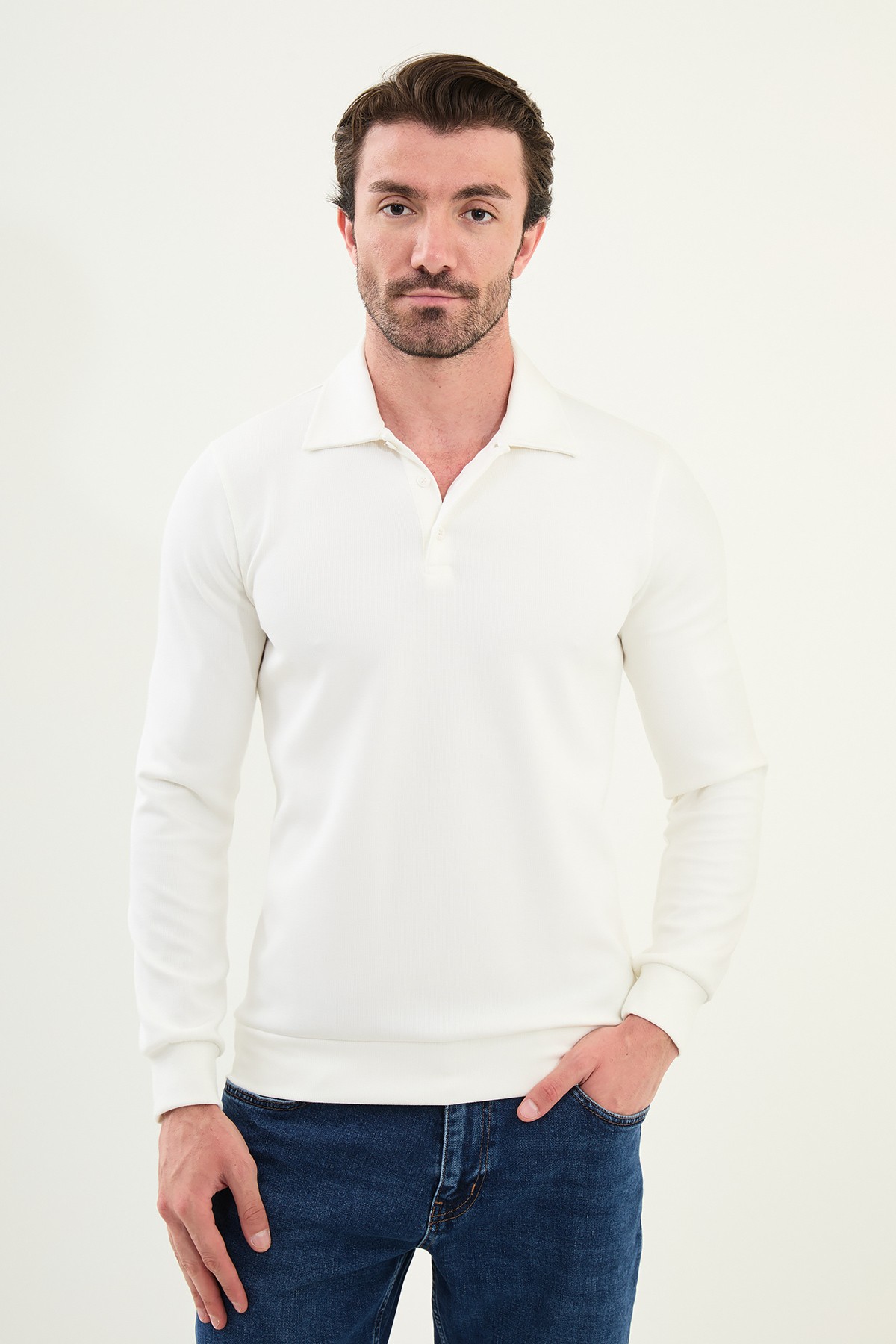 Çizgili Slim Fit Polo Yaka Uzun Kollu Pamuk Erkek T-Shirt - Ekru