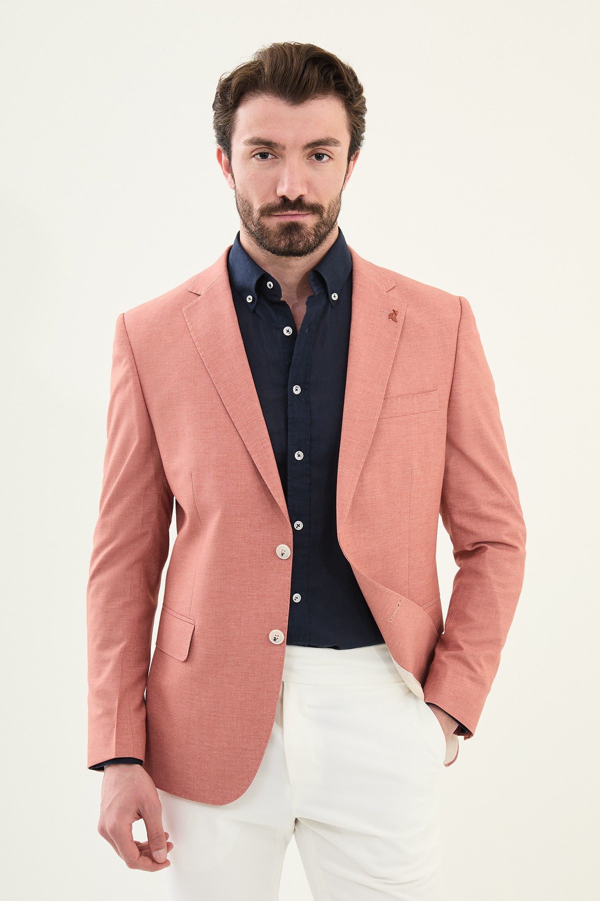 Düz Slim Fit Mono Yaka Keten Erkek Ceket - Kiremit