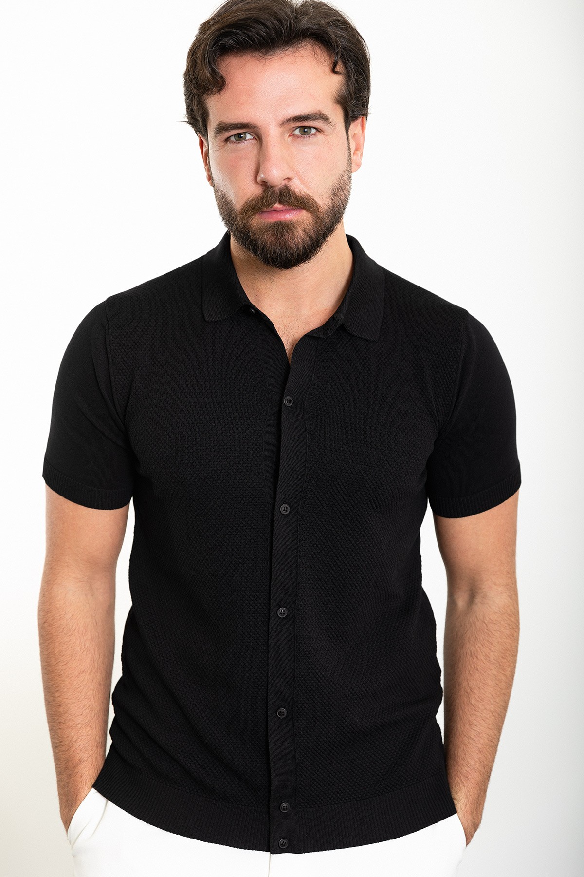 Desenli Slim Fit Polo Yaka Erkek Triko Gömlek