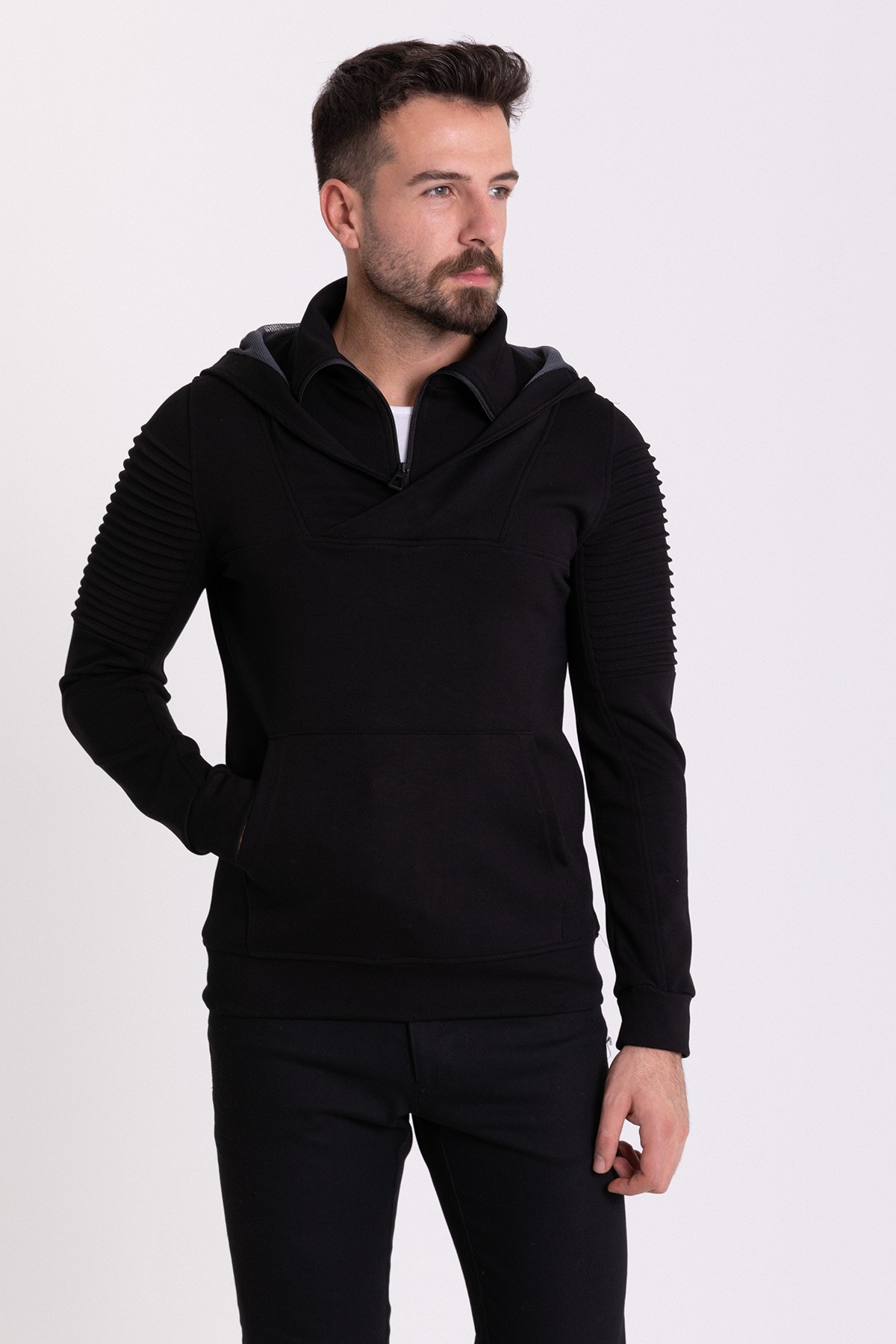 Fermuar Detaylı Slim Fit Kapüşonlu Erkek Sweatshirt