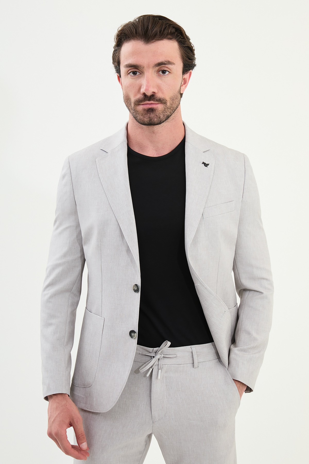 Kırçıllı Slim Fit Torba Cep Mono Yaka Erkek Takım Elbise - Taş