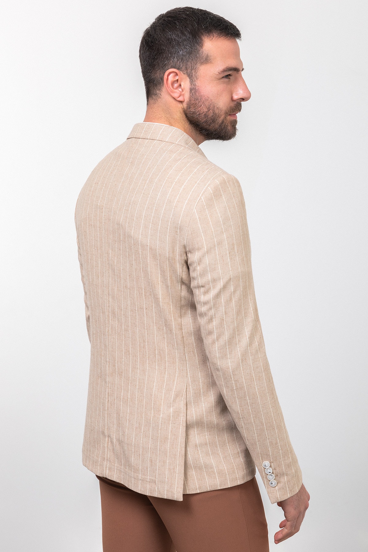 Çizgili Slim Fit Mono Yaka Keten Erkek Ceket