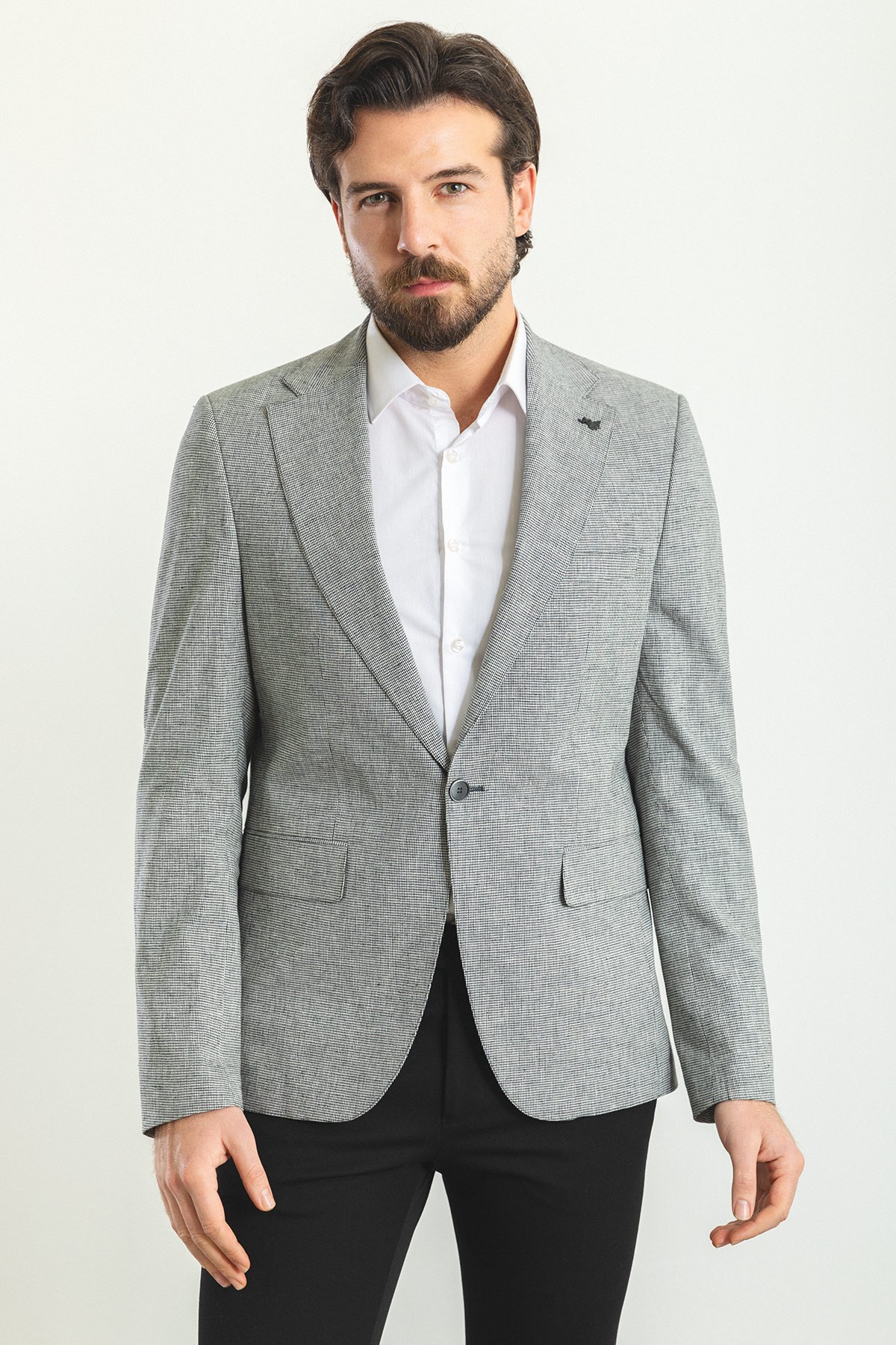 Kareli Slim Fit Mono Yaka Keten Erkek Ceket - Lacivert-Ekru