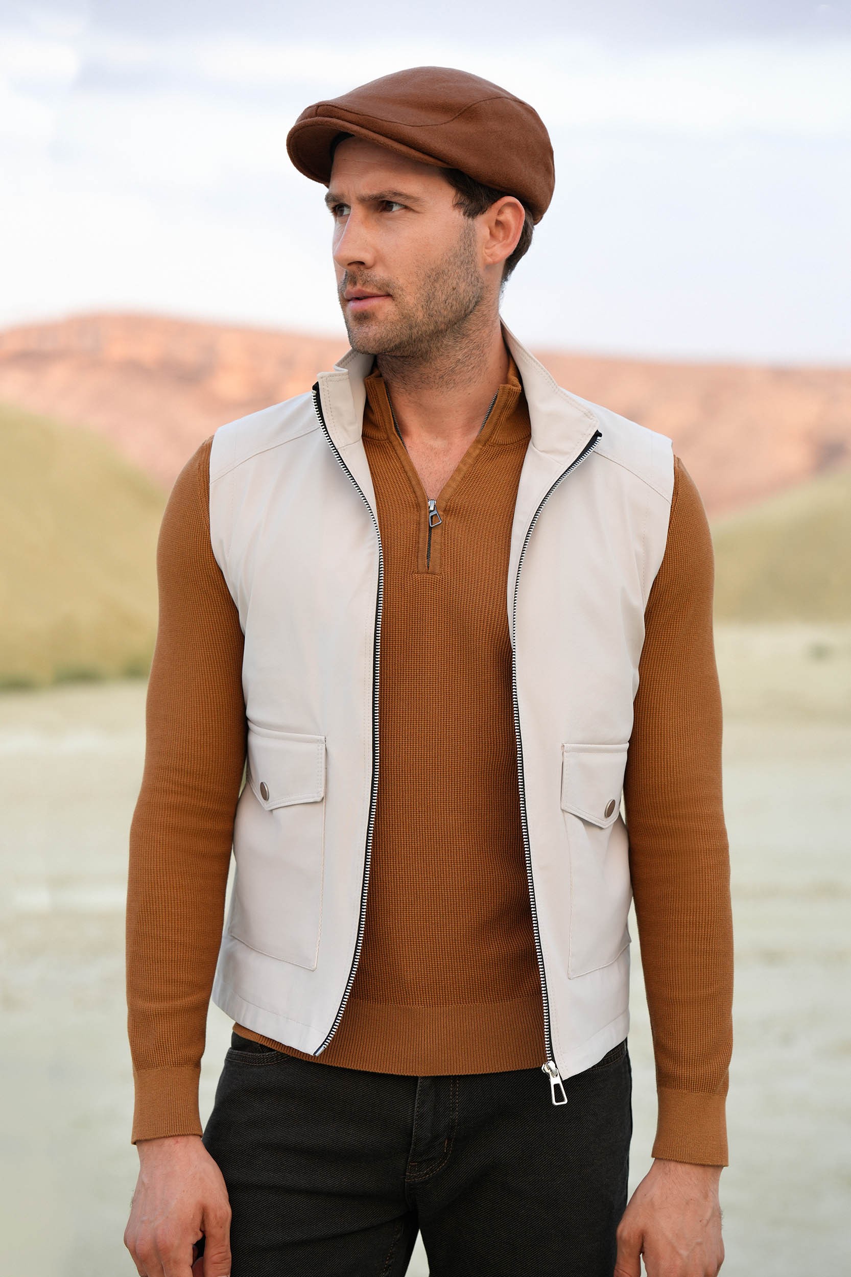 Düz Slim Fit Torba Cep Hakim Yaka Erkek Yelek - Taş