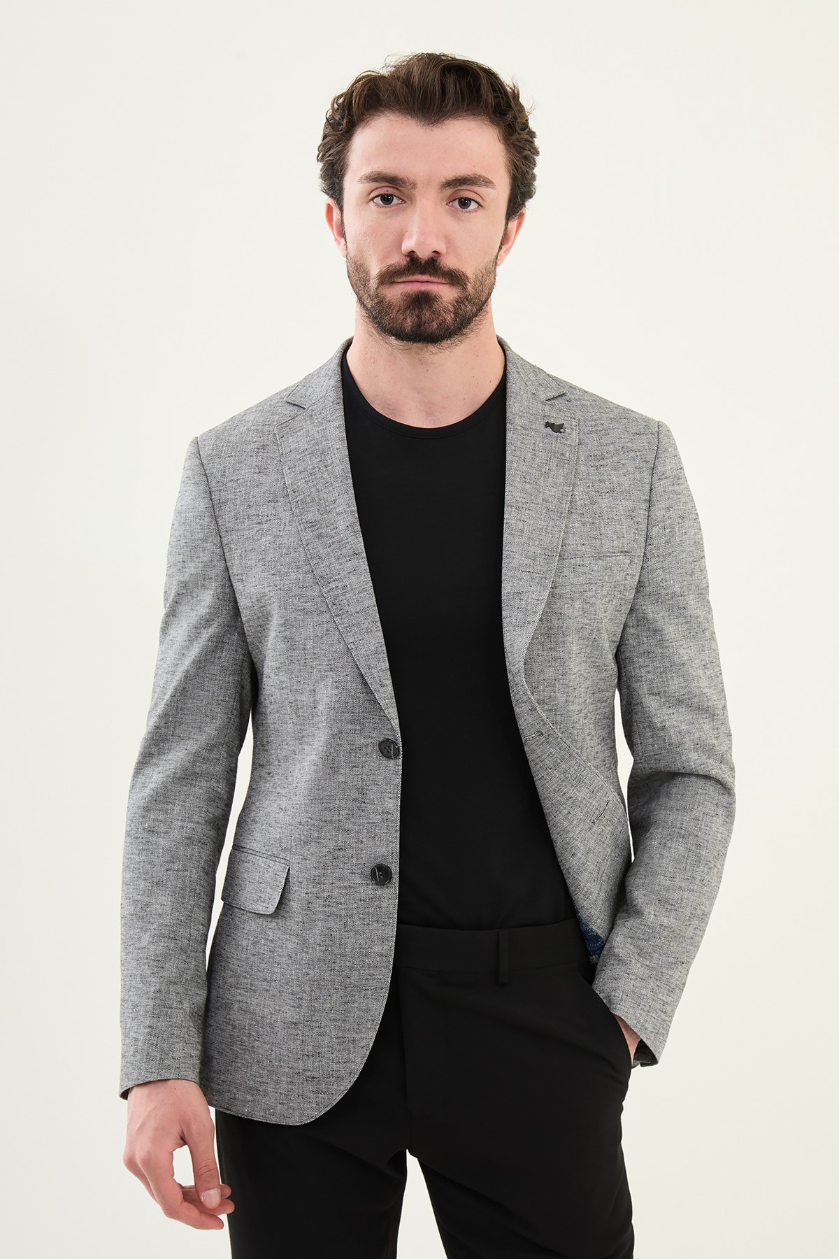 Kırçıllı Slim Fit Mono Yaka Keten Erkek Ceket - Siyah