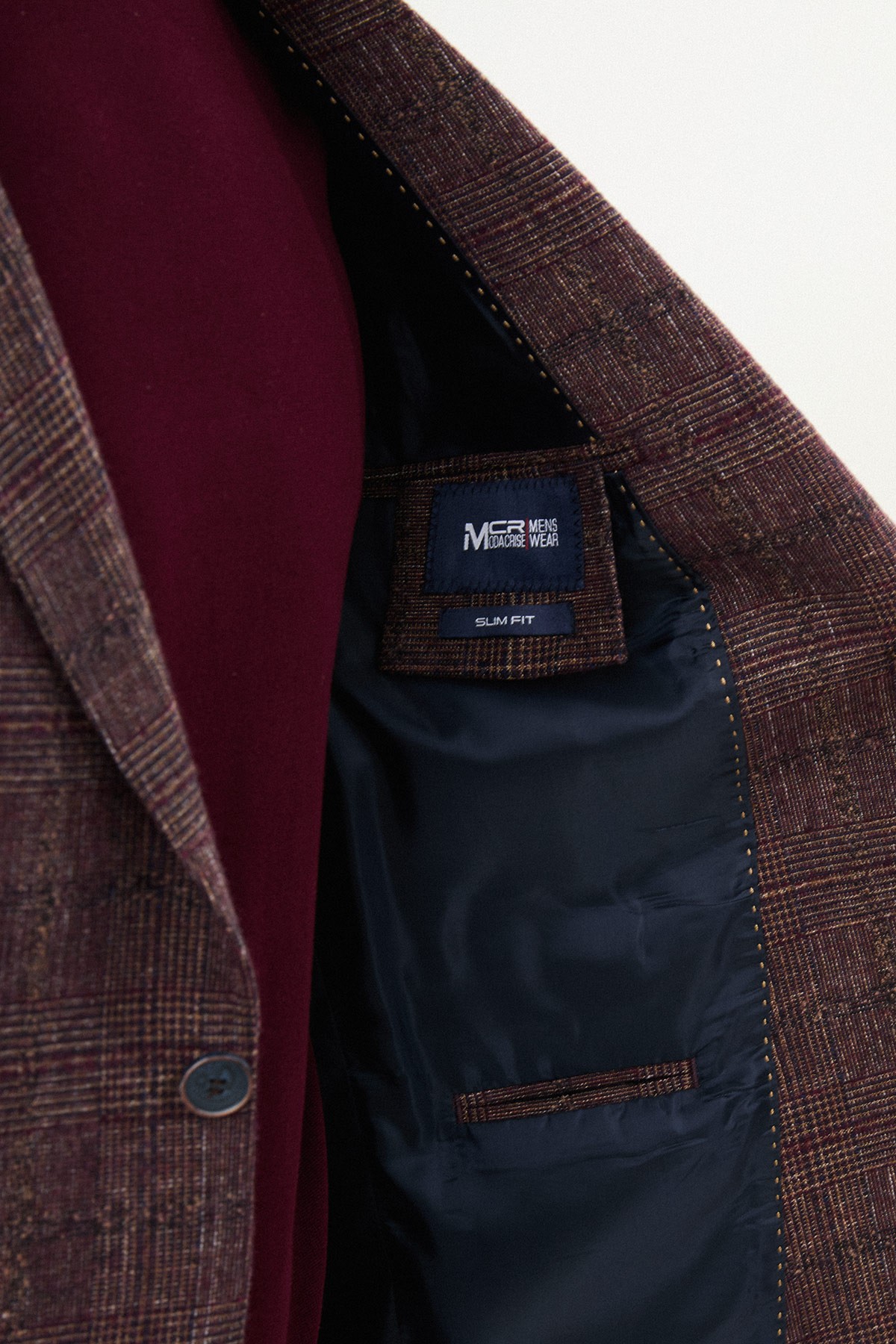 Ekoseli Slim Fit Mono Yaka Yün Erkek Ceket