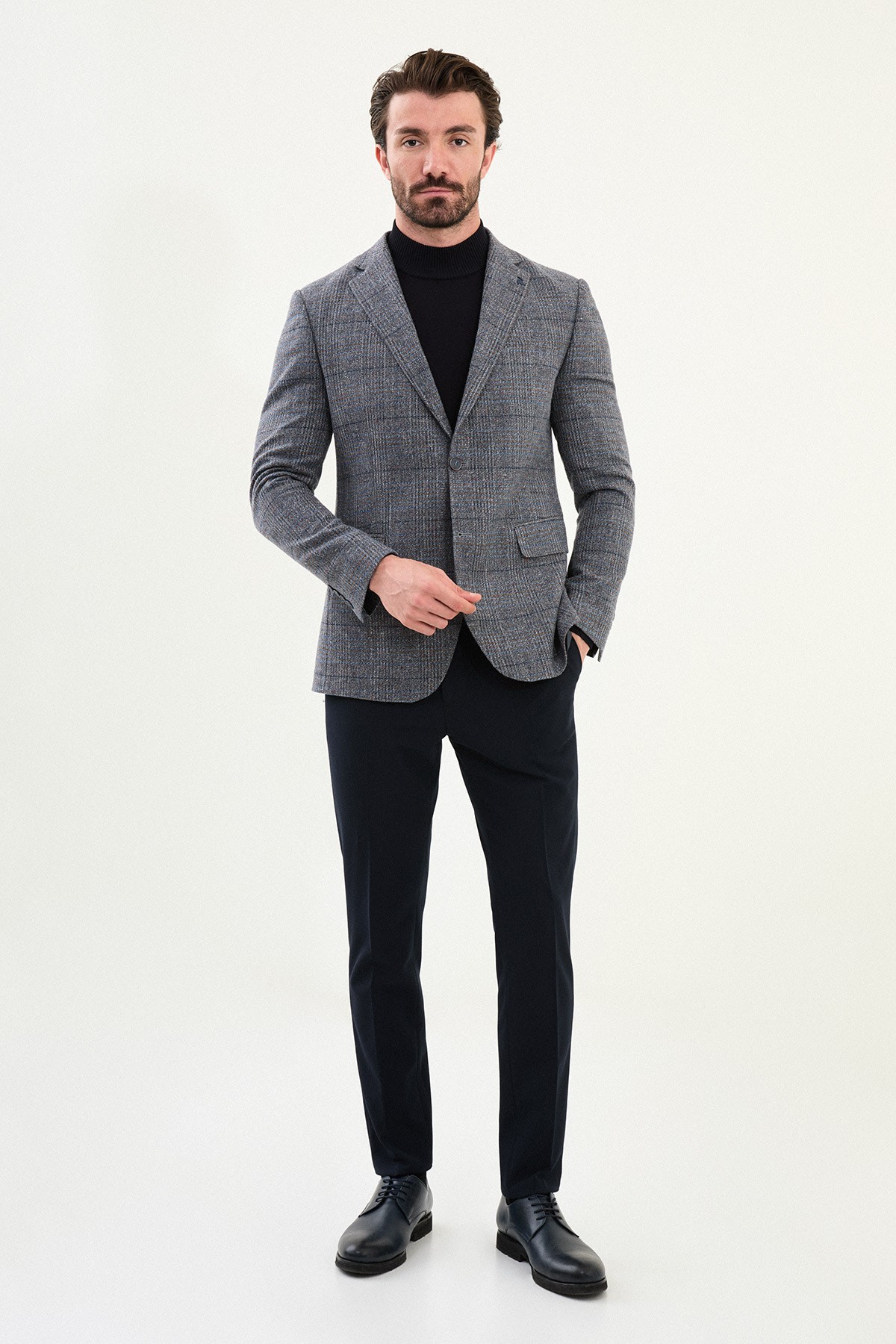 Ekoseli Slim Fit Mono Yaka Yün Erkek Ceket