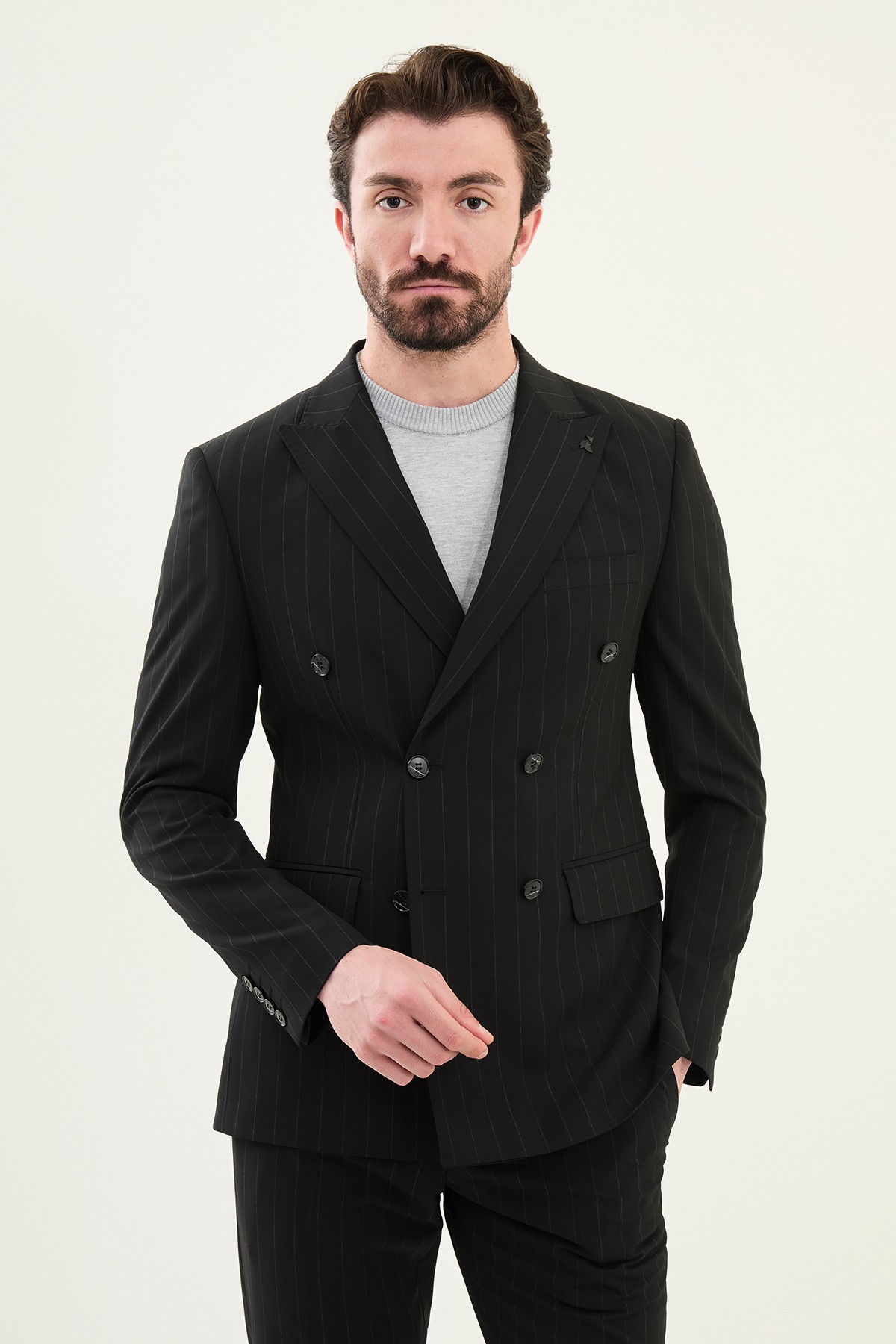 Çizgili Slim Fit Geniş Yaka Kruvaze Erkek Takım Elbise - Siyah