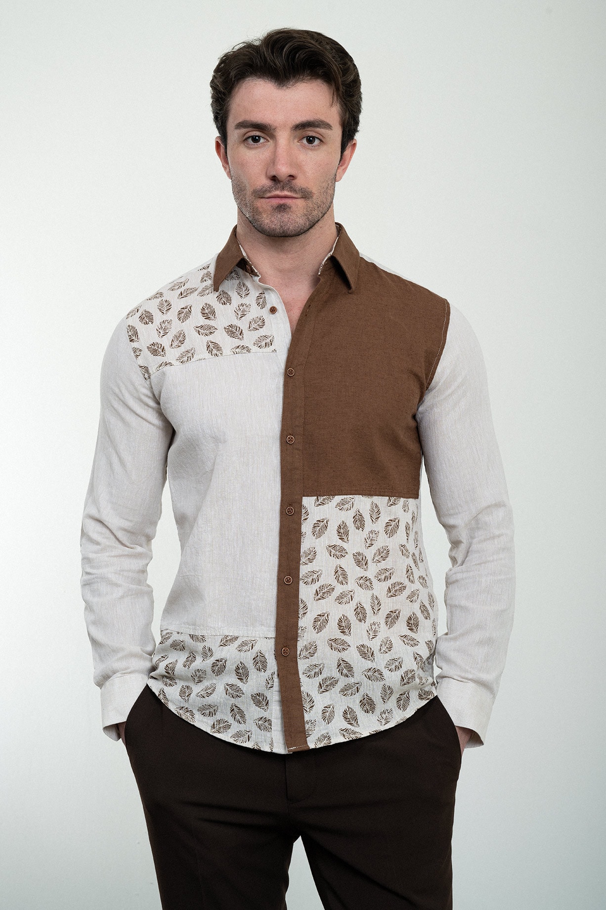 Çiçek Desenli Slim Fit Uzun Kollu Keten Erkek Gömlek - Bej