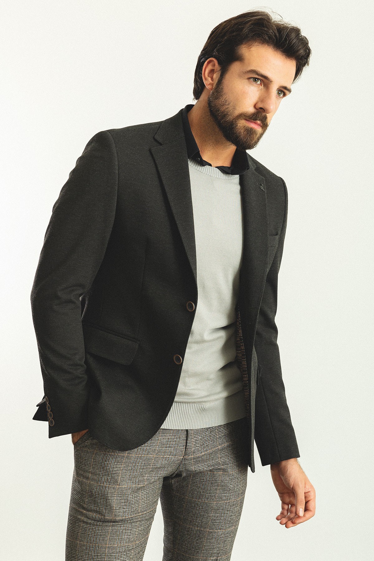 Dokulu Slim Fit Mono Yaka Yün Erkek Ceket