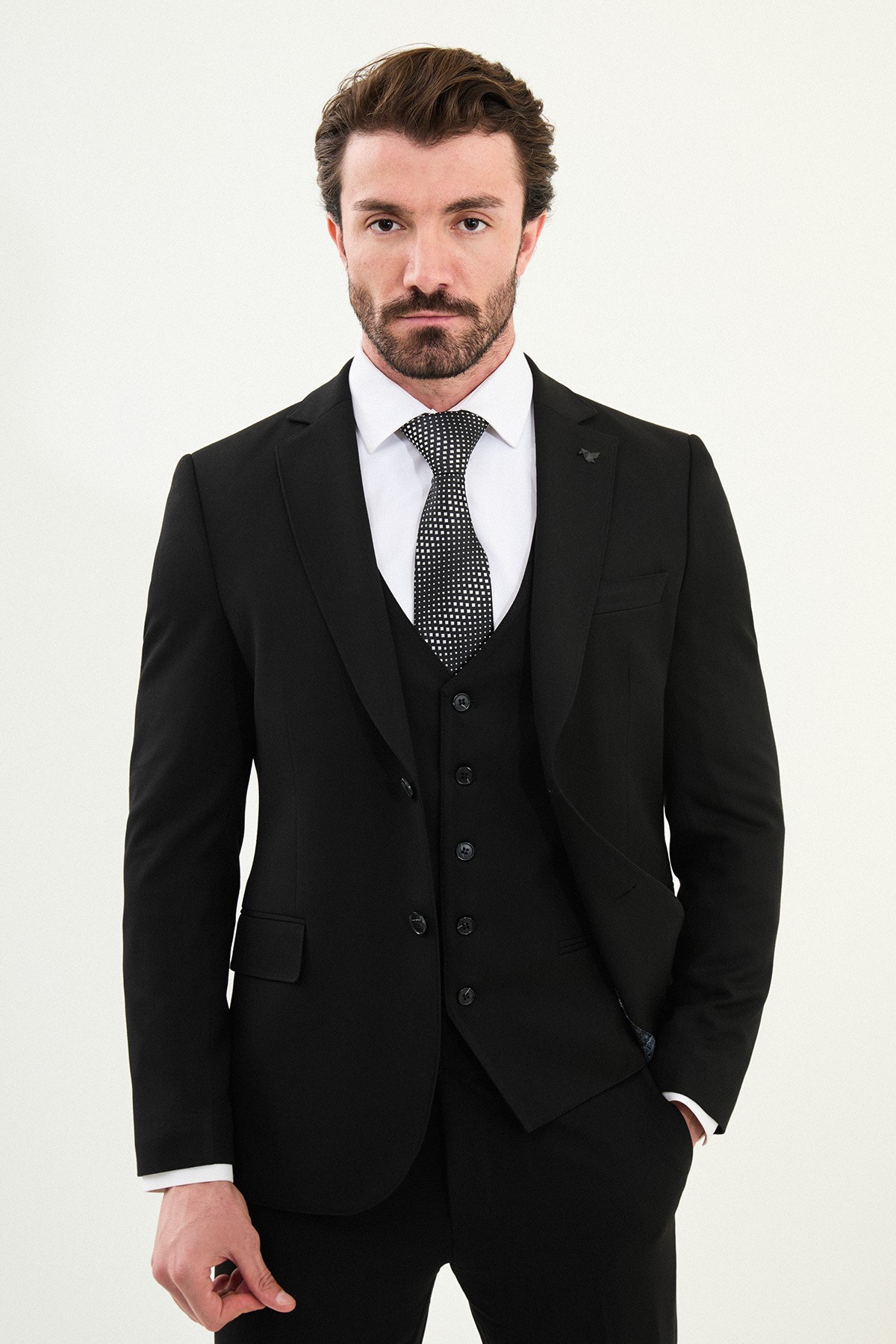 Düz Slim Fit Mono Yaka Klasik Yün Erkek Takım Elbise - Siyah