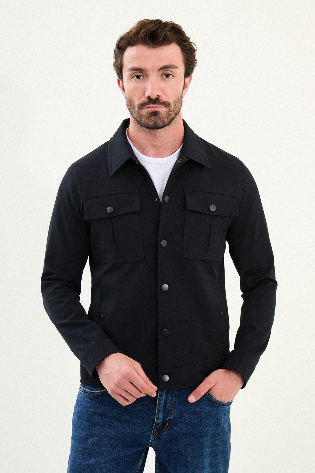 Düz Slim Fit Gömlek Yaka Erkek Mont - Lacivert