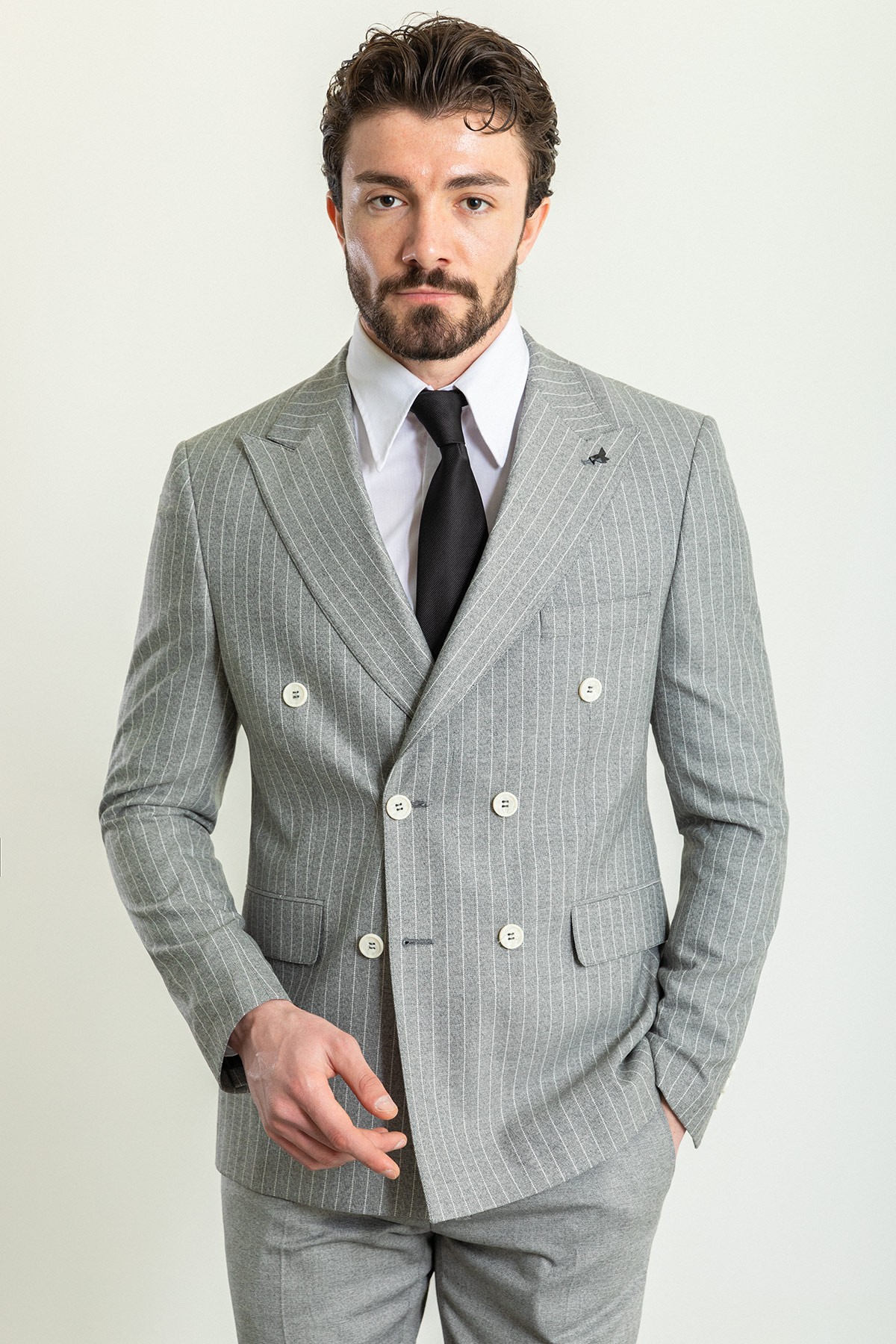 Cizgili Slim Fit Geniş Yaka Kruvaze Keten Erkek Takım Elbise