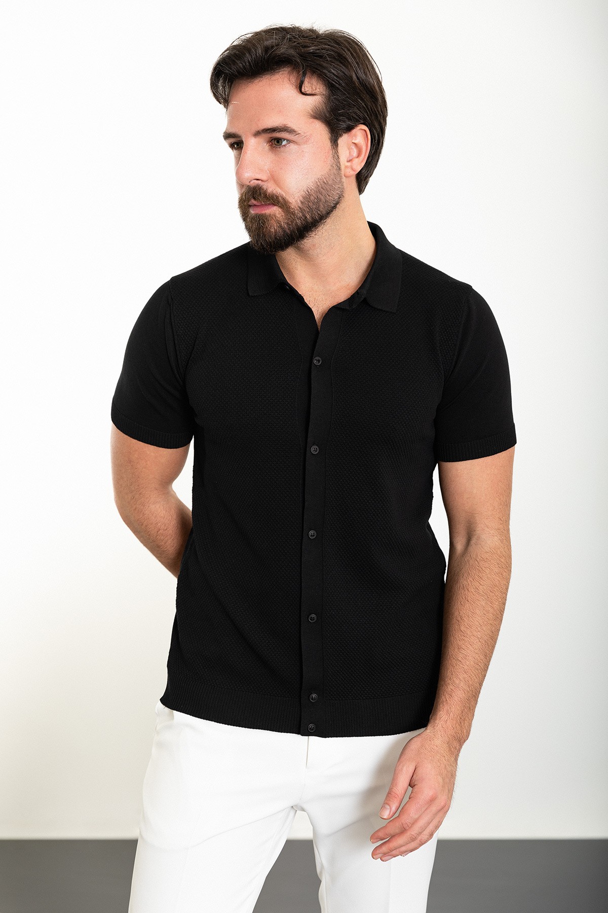 Desenli Slim Fit Polo Yaka Erkek Triko Gömlek