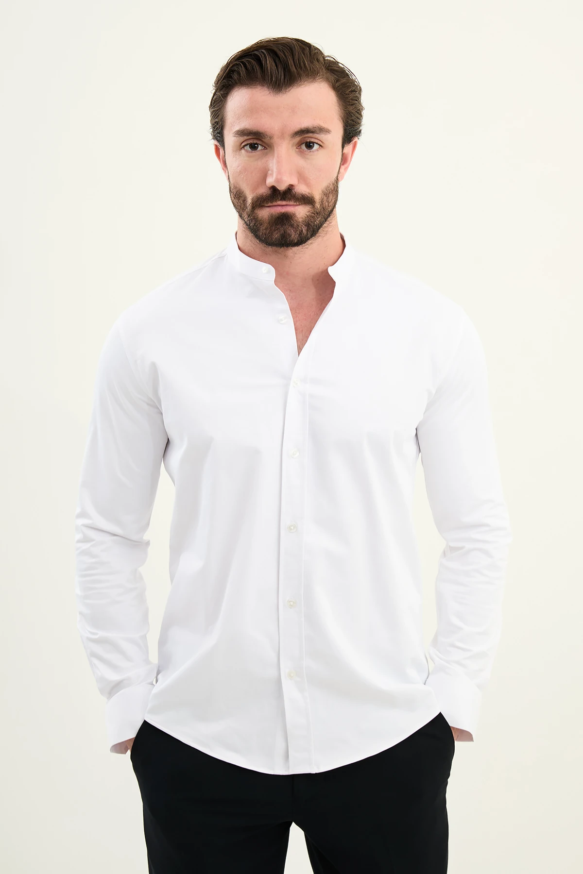 Düz Slim Fit Hakim Yaka Uzun Kollu Erkek Gömlek - Beyaz