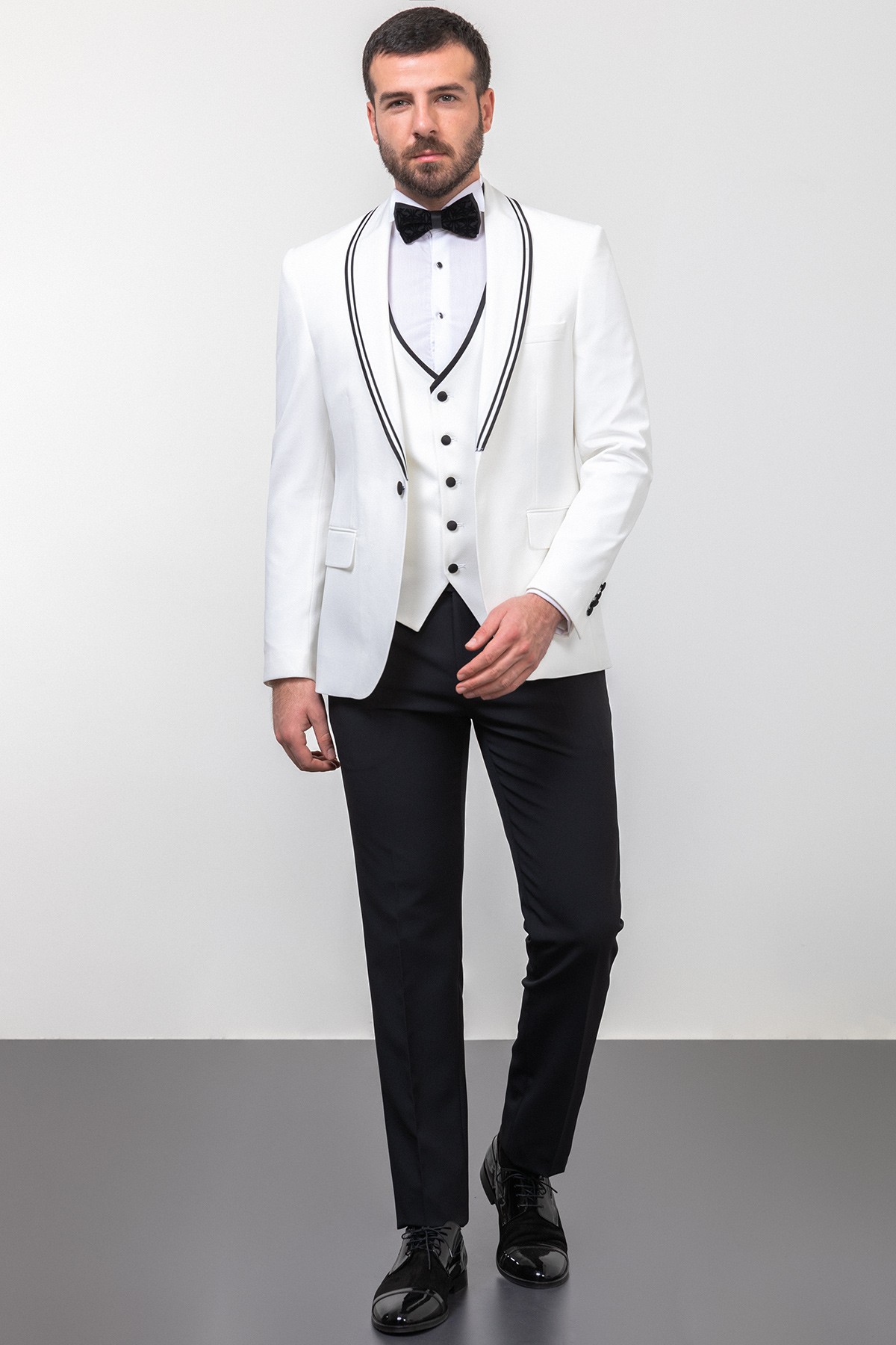 Düz Slim Fit Çizgili Geniş Yaka Erkek Damatlık - Ekru