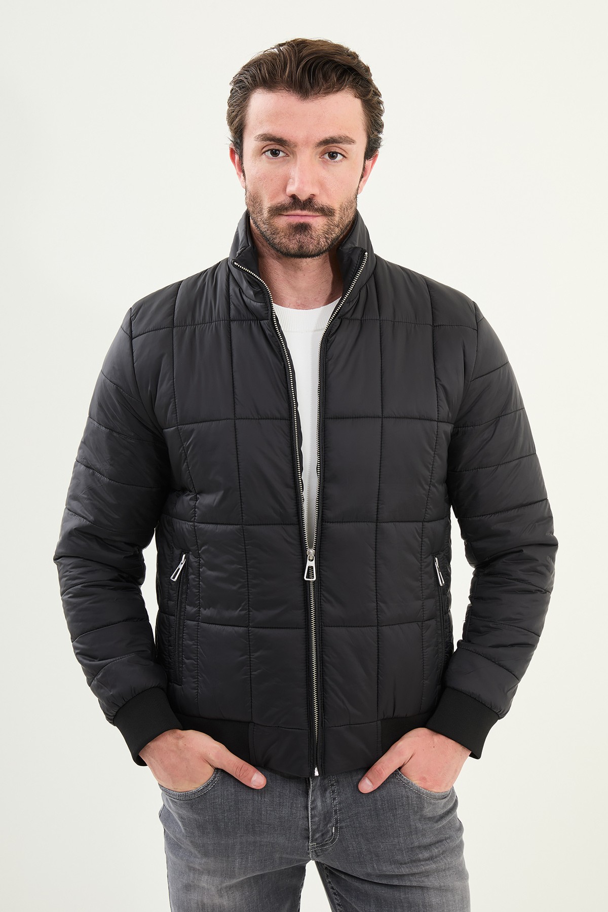 Kapitone Slim Fit Hakim Yaka Şişme Erkek Mont